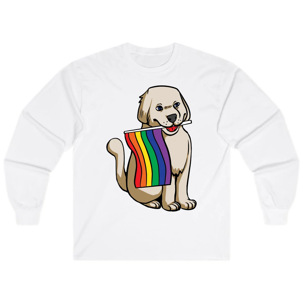 Illustration of a happy cream and tan dog holding a colorful rainbow pride flag in its mouth against a gray background in White