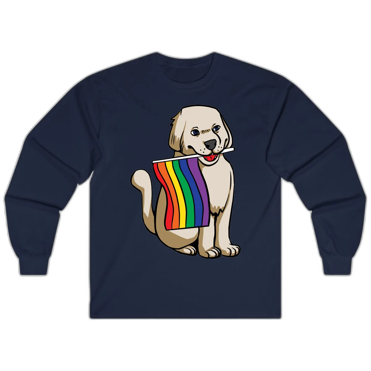 Illustration of a happy cream and tan dog holding a colorful rainbow pride flag in its mouth against a gray background in Navy