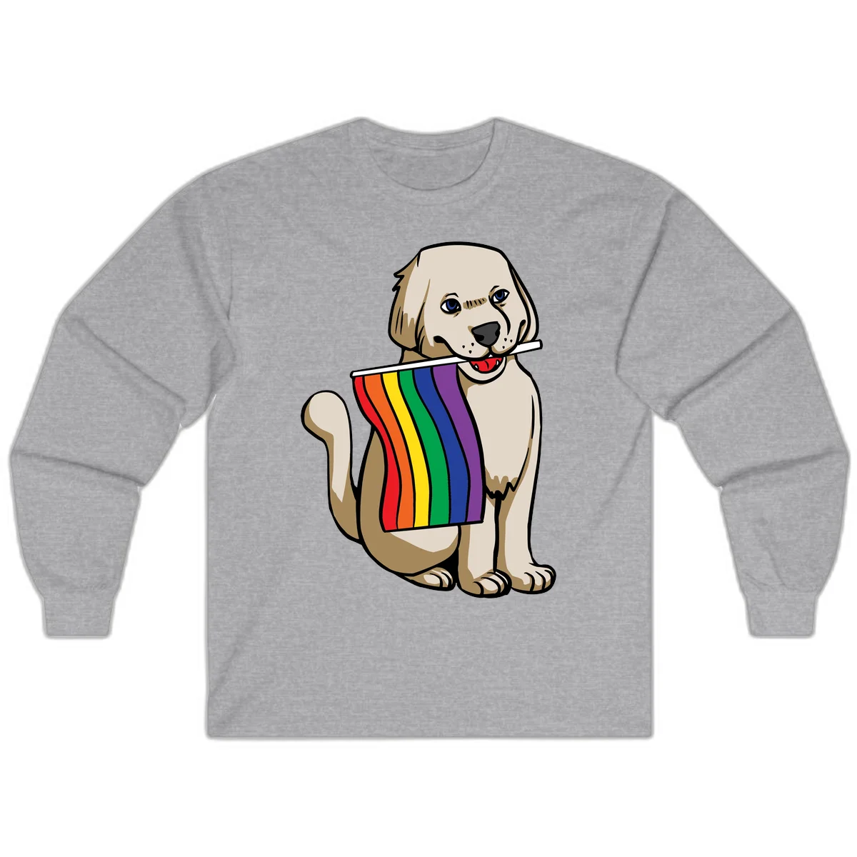 Illustration of a happy cream and tan dog holding a colorful rainbow pride flag in its mouth against a gray background in Sport Grey