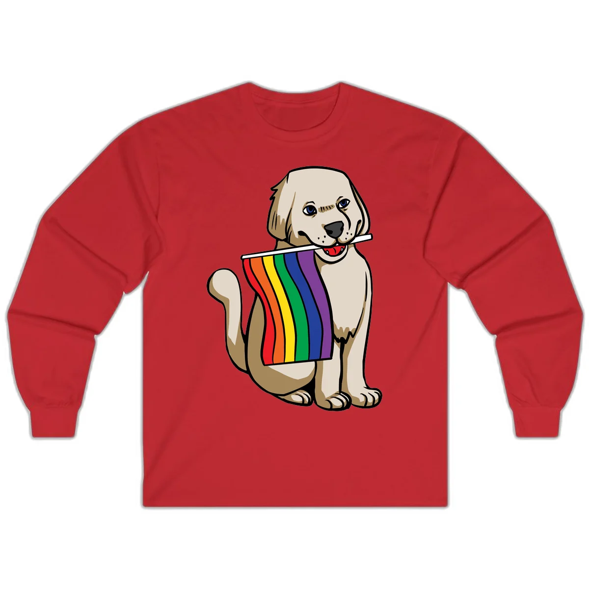Illustration of a happy cream and tan dog holding a colorful rainbow pride flag in its mouth against a gray background in Red