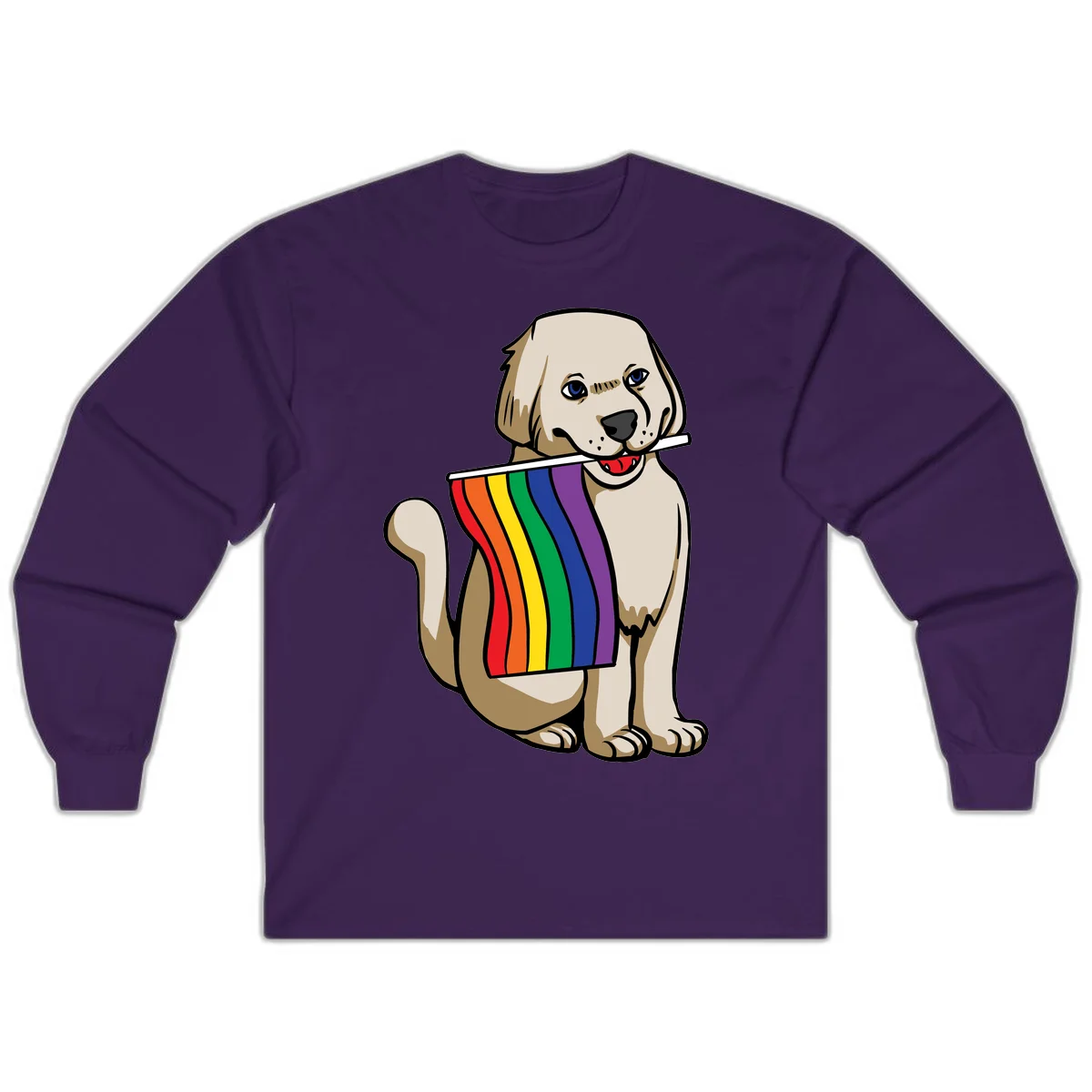 Illustration of a happy cream and tan dog holding a colorful rainbow pride flag in its mouth against a gray background in Purple