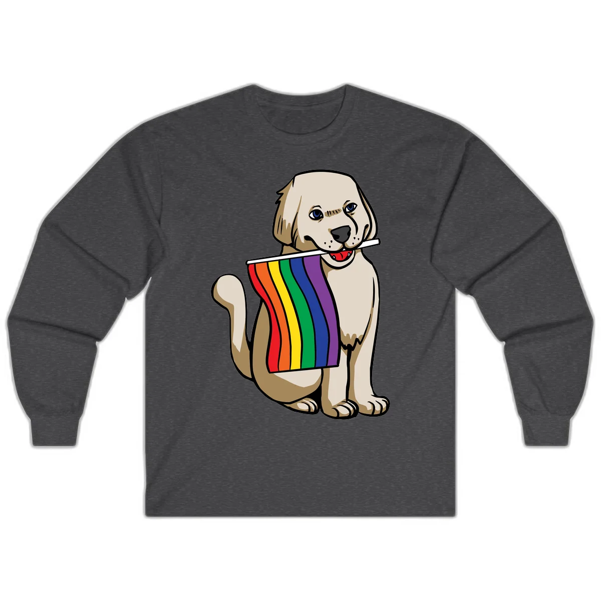 Illustration of a happy cream and tan dog holding a colorful rainbow pride flag in its mouth against a gray background in Dark Heather