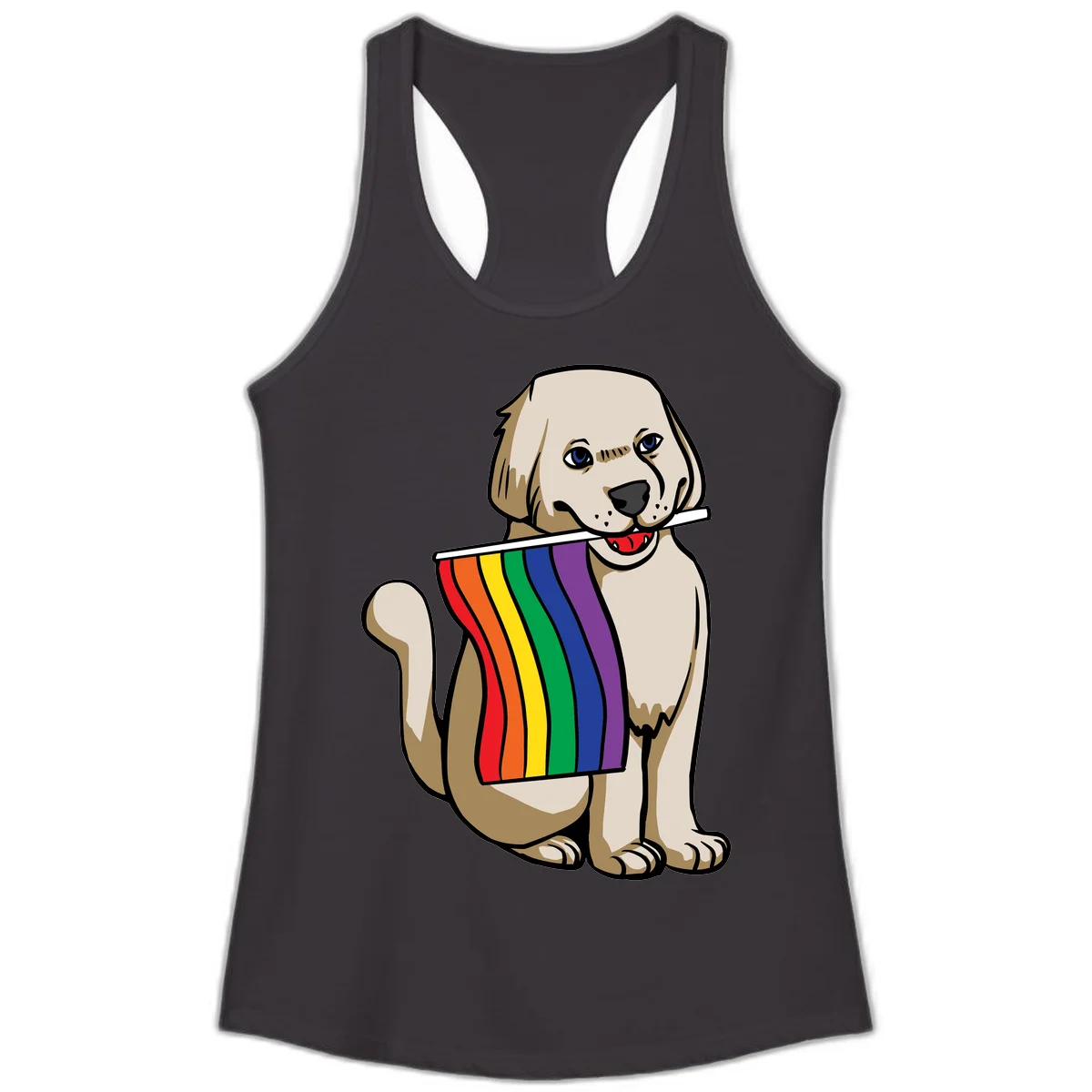 Illustration of a happy cream and tan dog holding a colorful rainbow pride flag in its mouth against a gray background in Black