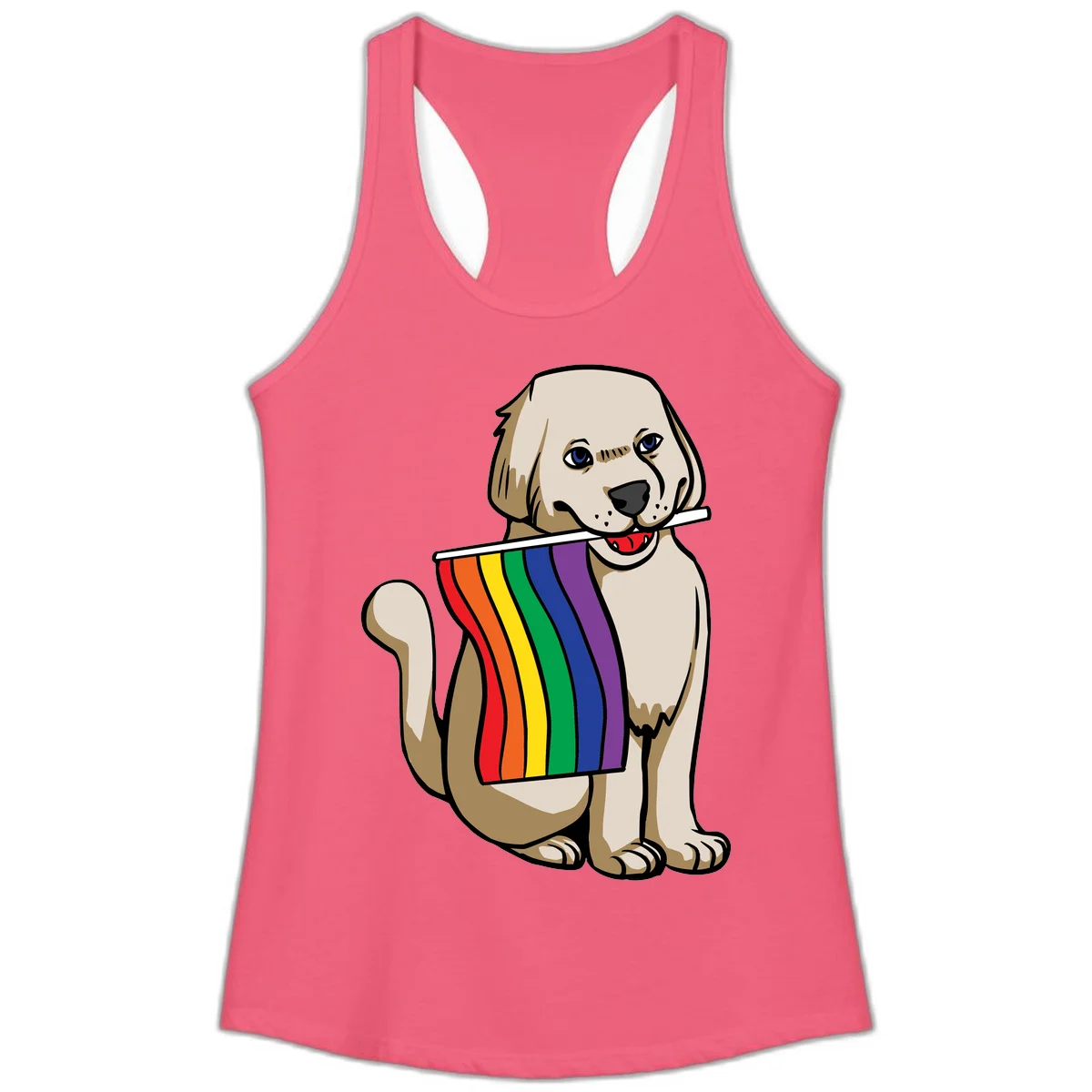 Illustration of a happy cream and tan dog holding a colorful rainbow pride flag in its mouth against a gray background in Hot Pink