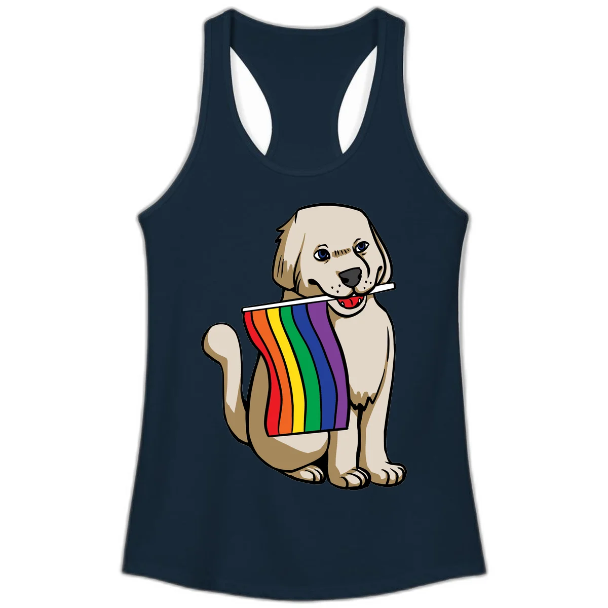 Illustration of a happy cream and tan dog holding a colorful rainbow pride flag in its mouth against a gray background in Solid Midnight Navy