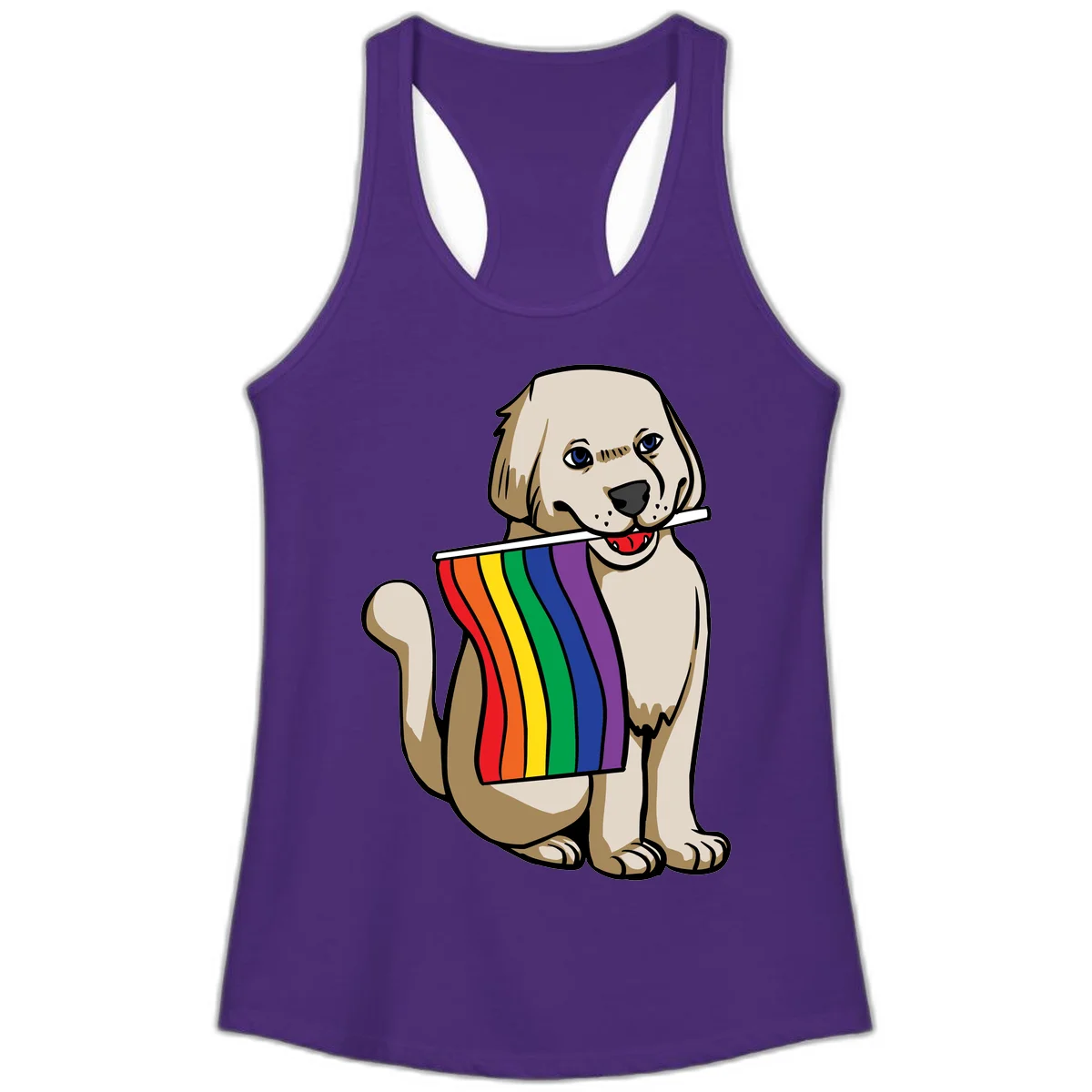 Illustration of a happy cream and tan dog holding a colorful rainbow pride flag in its mouth against a gray background in Solid Purple Rush