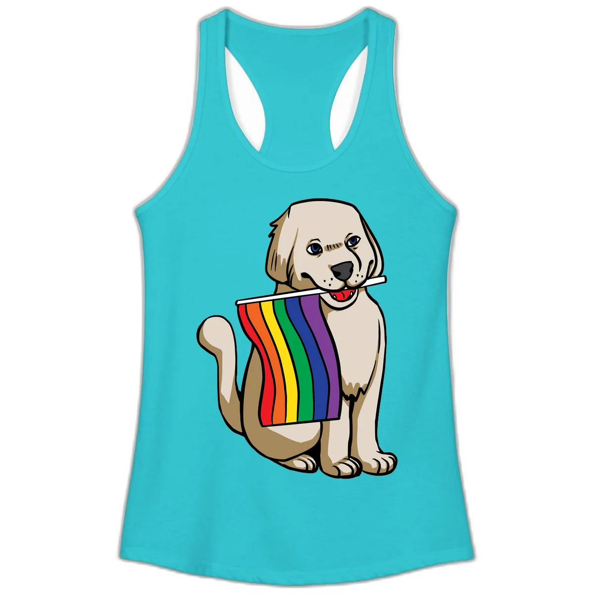 Illustration of a happy cream and tan dog holding a colorful rainbow pride flag in its mouth against a gray background in Solid Tahiti Blue