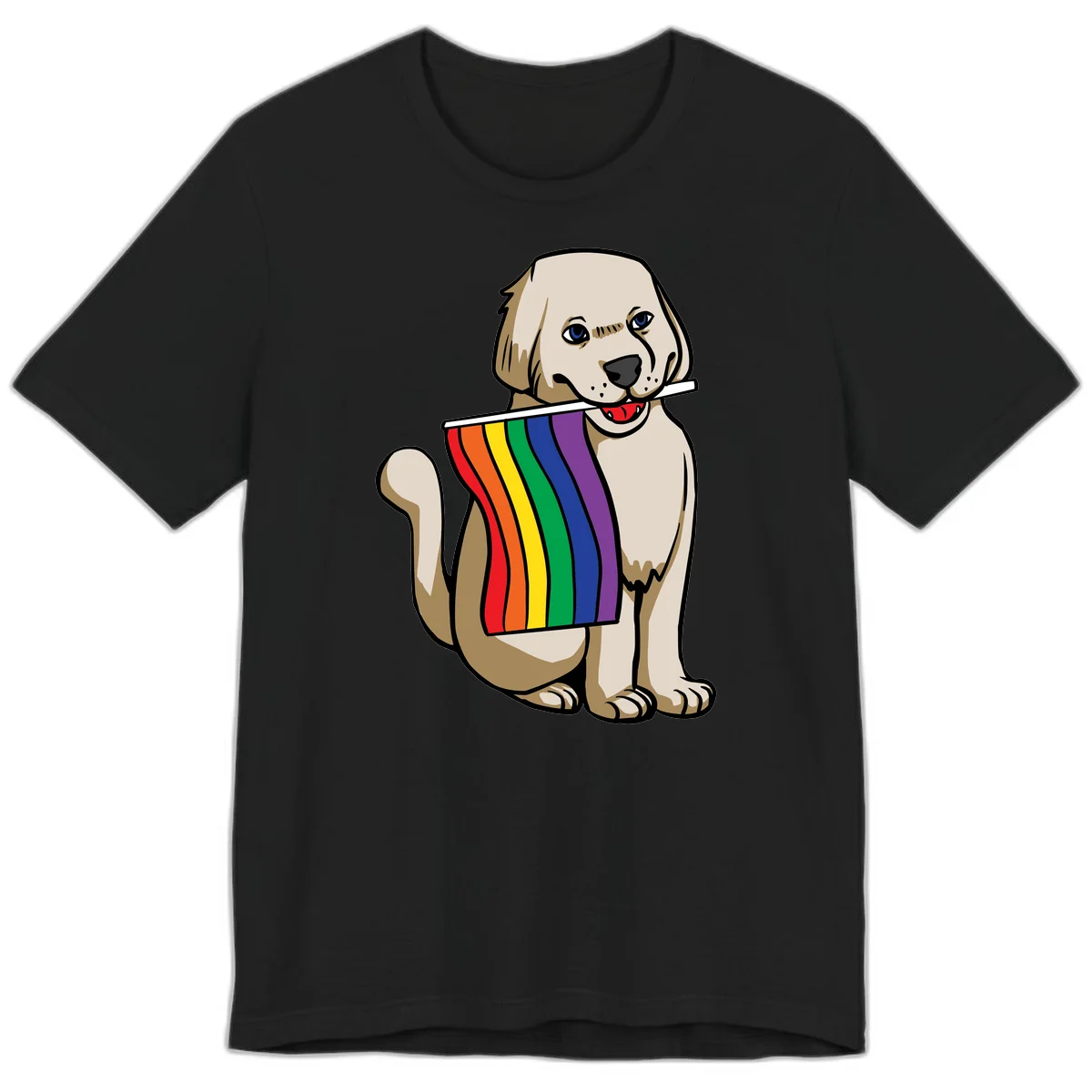 Illustration of a happy cream and tan dog holding a colorful rainbow pride flag in its mouth against a gray background in Black