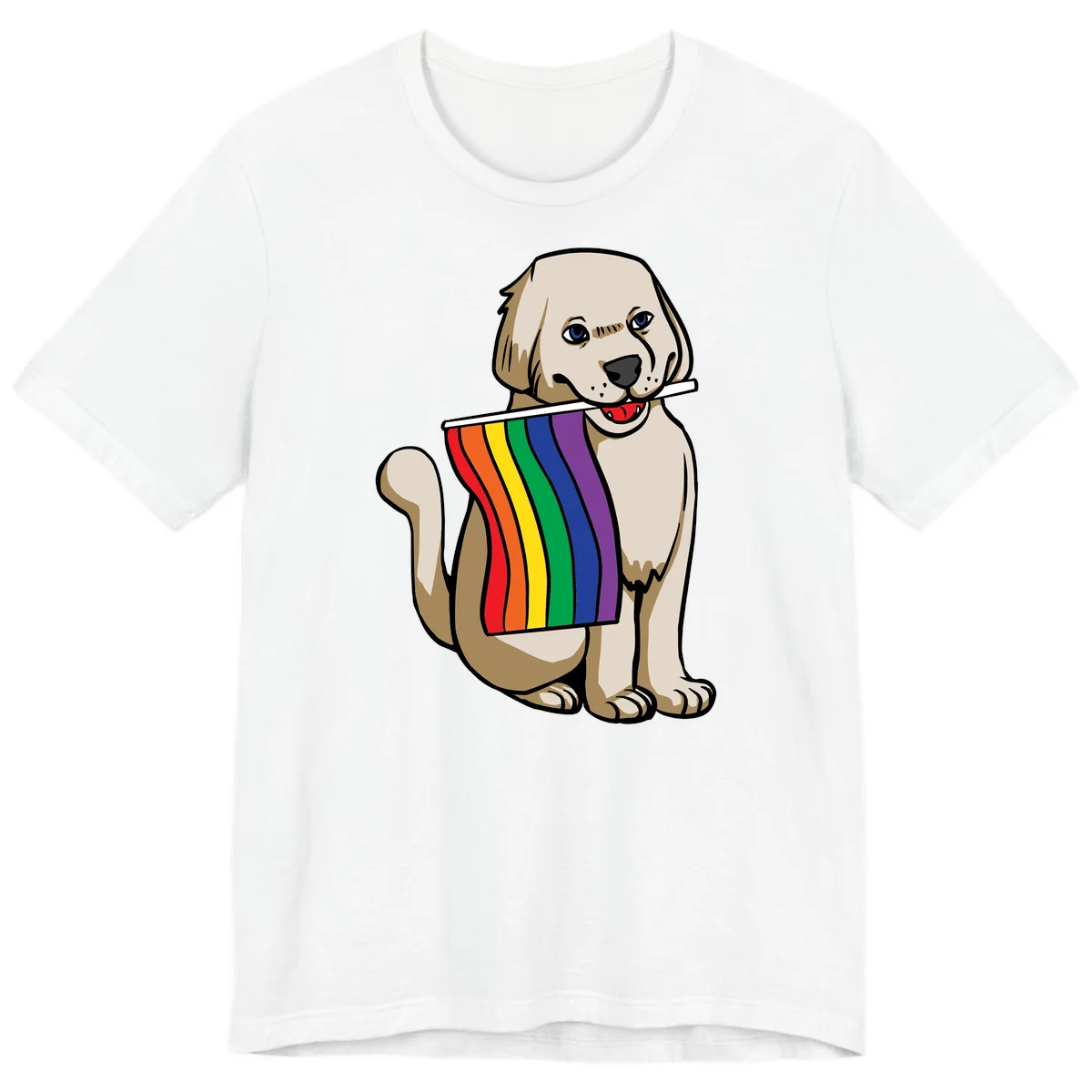 Illustration of a happy cream and tan dog holding a colorful rainbow pride flag in its mouth against a gray background in White