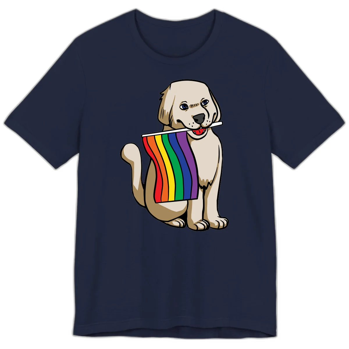 Illustration of a happy cream and tan dog holding a colorful rainbow pride flag in its mouth against a gray background in Navy