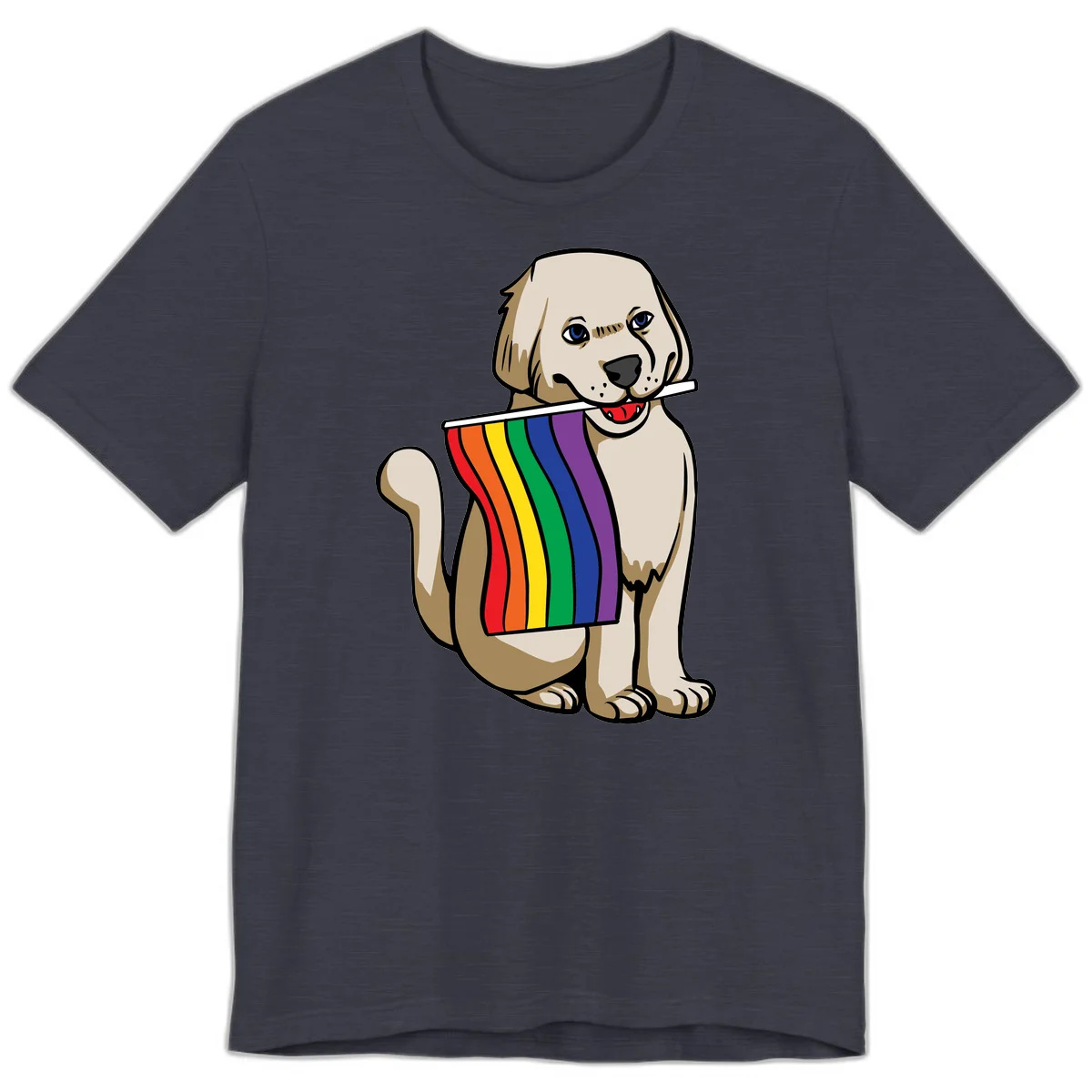 Illustration of a happy cream and tan dog holding a colorful rainbow pride flag in its mouth against a gray background in Heather Midnight Navy