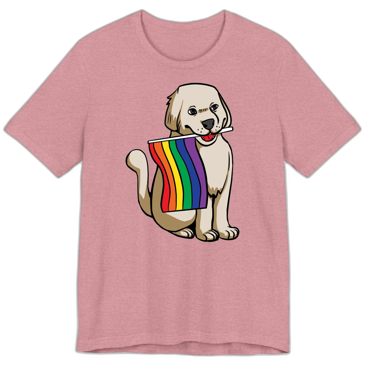 Illustration of a happy cream and tan dog holding a colorful rainbow pride flag in its mouth against a gray background in Heather Orchid