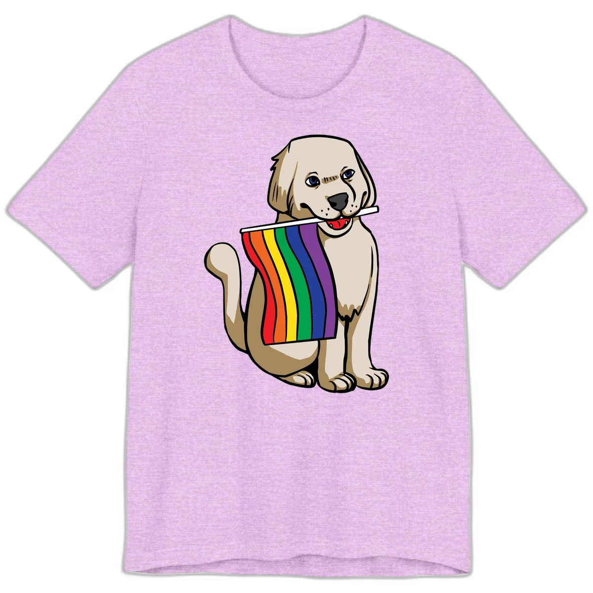 Illustration of a happy cream and tan dog holding a colorful rainbow pride flag in its mouth against a gray background in Heather Prism Lilac