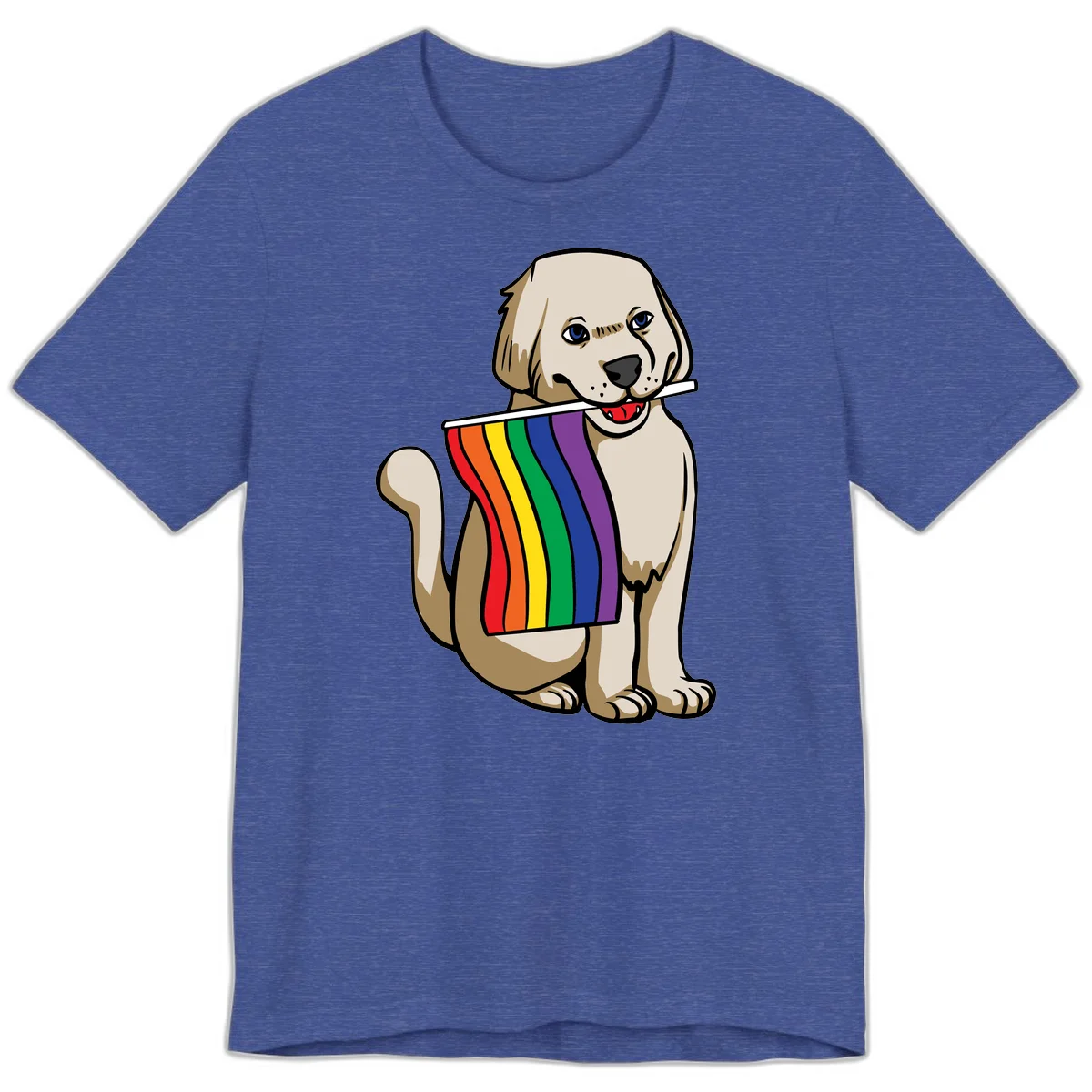 Illustration of a happy cream and tan dog holding a colorful rainbow pride flag in its mouth against a gray background in Heather True Royal