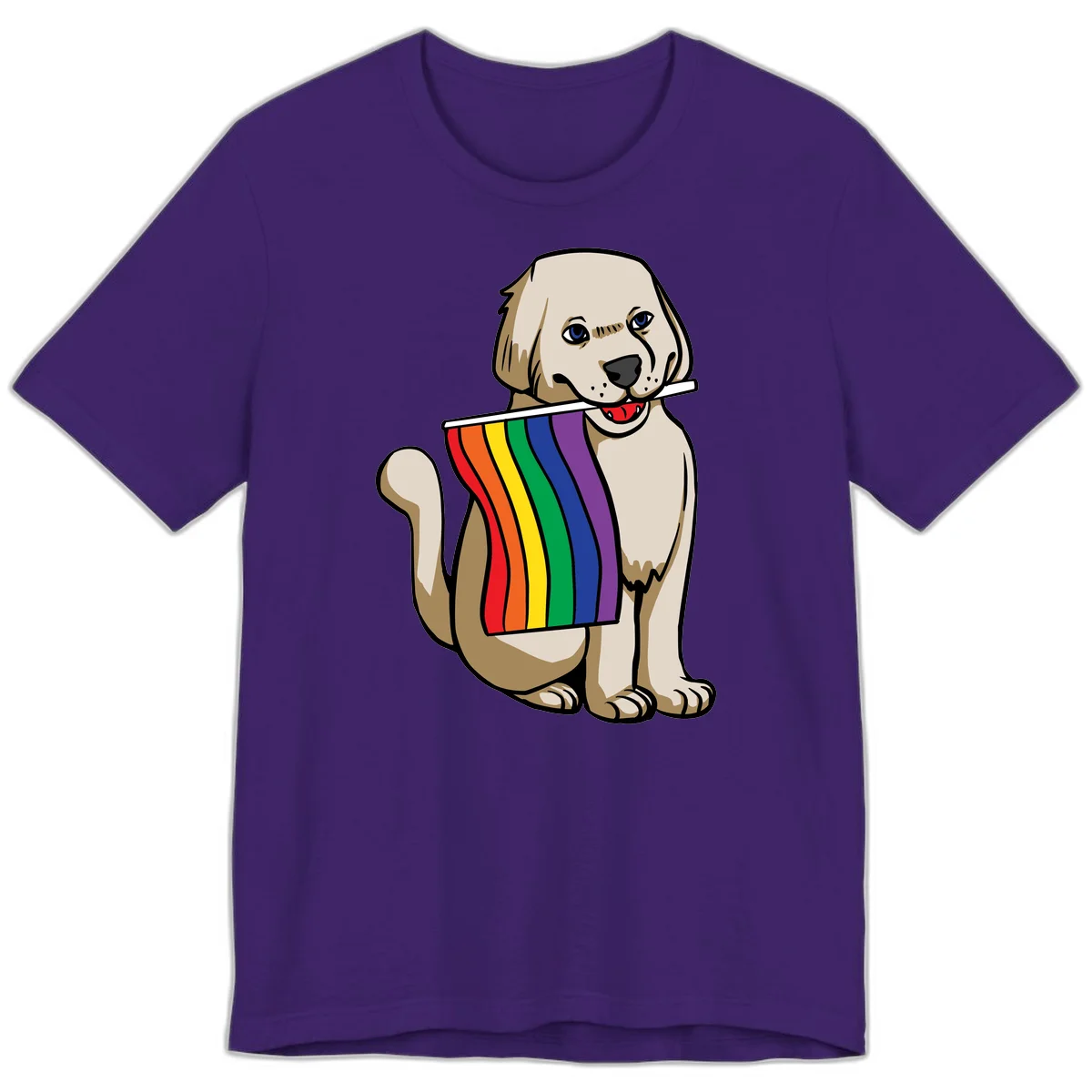 Illustration of a happy cream and tan dog holding a colorful rainbow pride flag in its mouth against a gray background in Team Purple