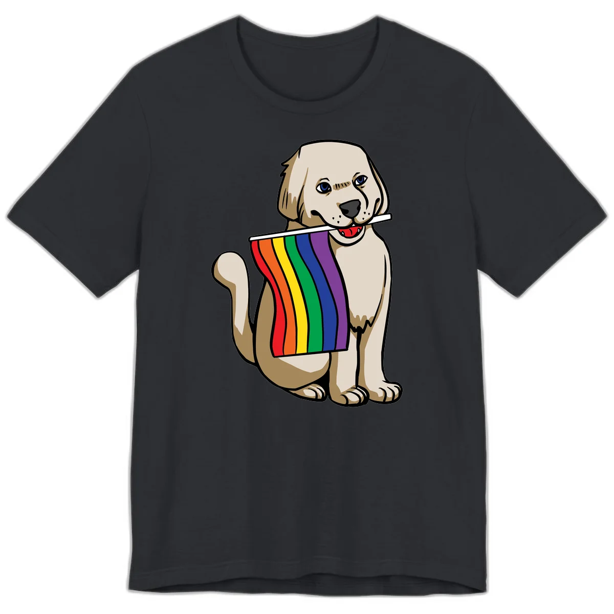 Illustration of a happy cream and tan dog holding a colorful rainbow pride flag in its mouth against a gray background in Vintage Black