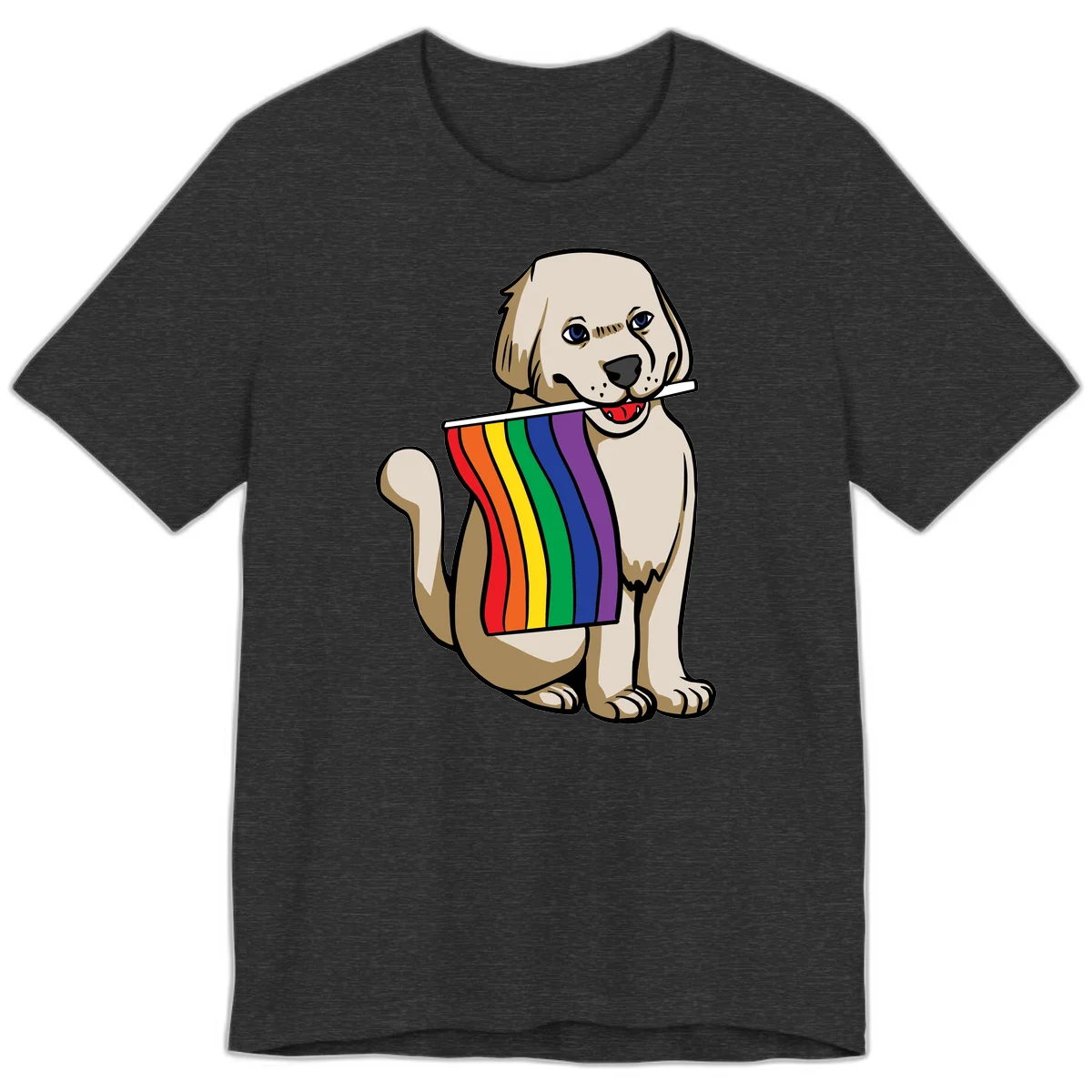 Illustration of a happy cream and tan dog holding a colorful rainbow pride flag in its mouth against a gray background in Dark Grey Heather