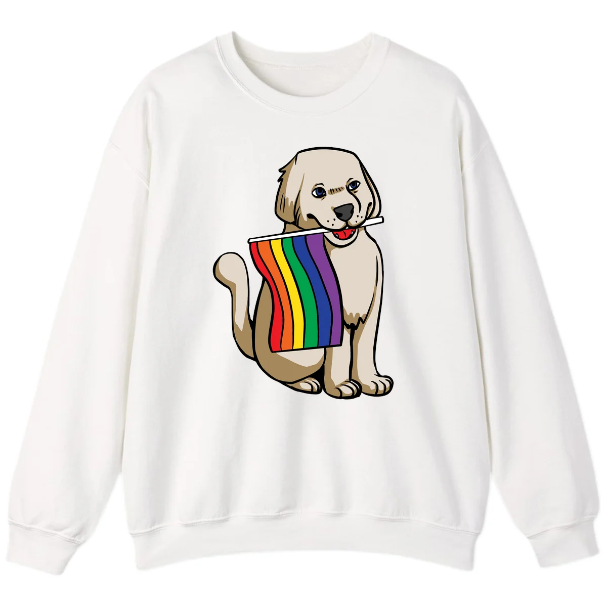 Illustration of a happy cream and tan dog holding a colorful rainbow pride flag in its mouth against a gray background in White