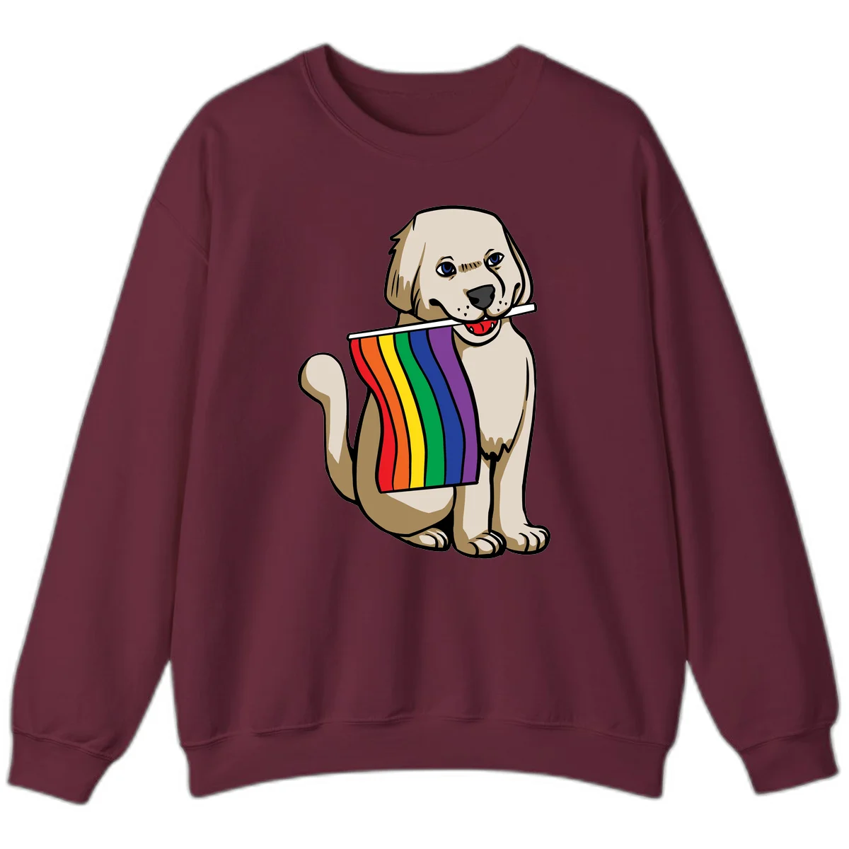 Illustration of a happy cream and tan dog holding a colorful rainbow pride flag in its mouth against a gray background in Maroon