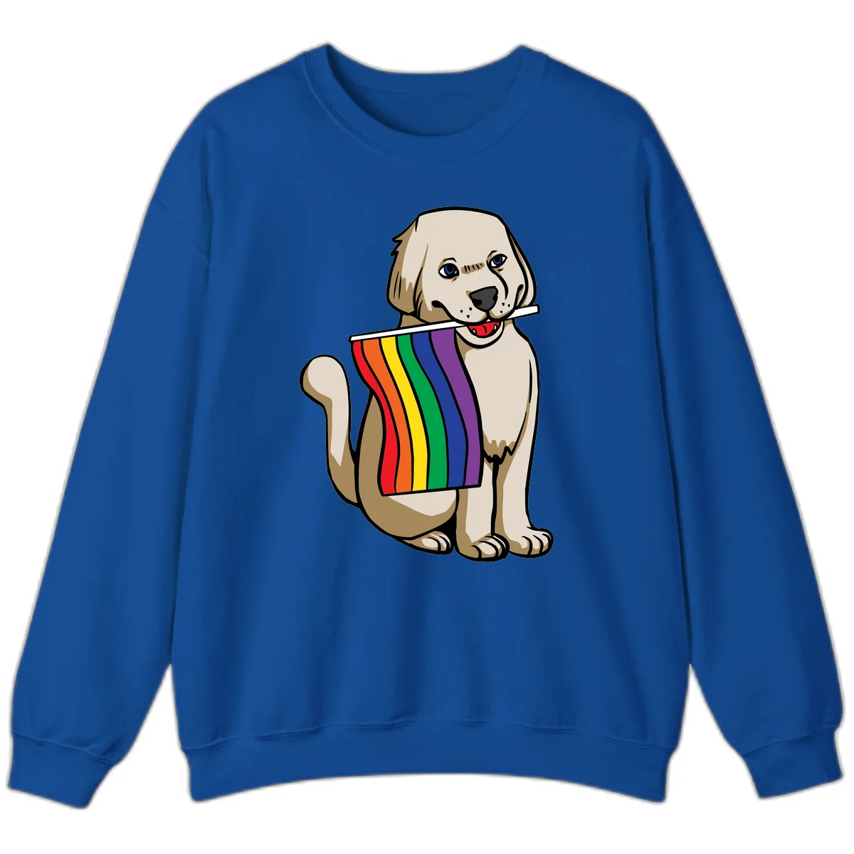 Illustration of a happy cream and tan dog holding a colorful rainbow pride flag in its mouth against a gray background in Royal