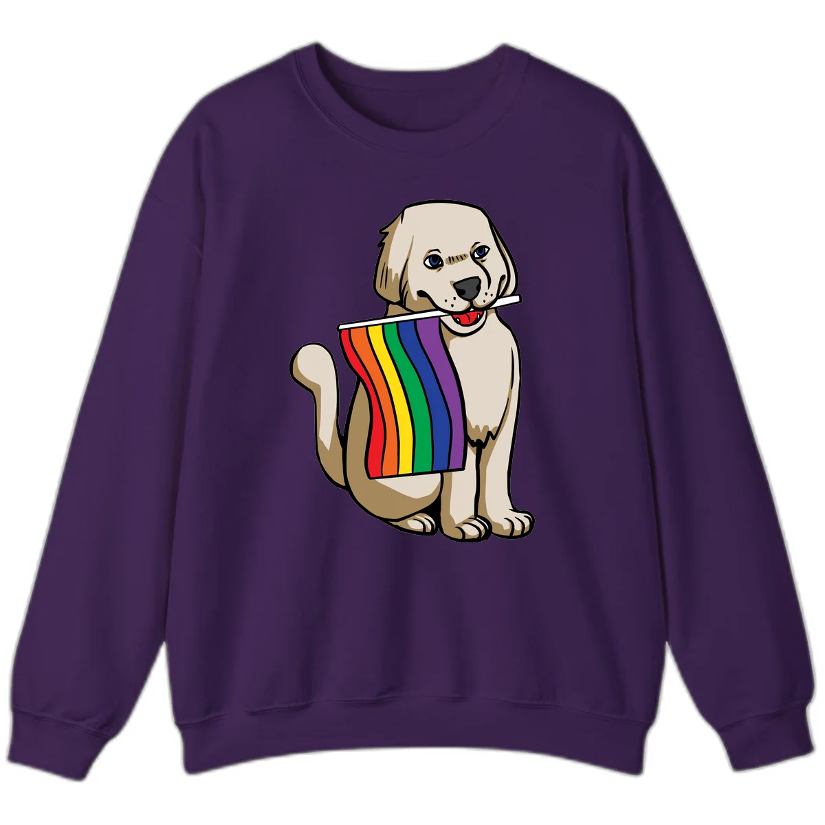 Illustration of a happy cream and tan dog holding a colorful rainbow pride flag in its mouth against a gray background in Purple