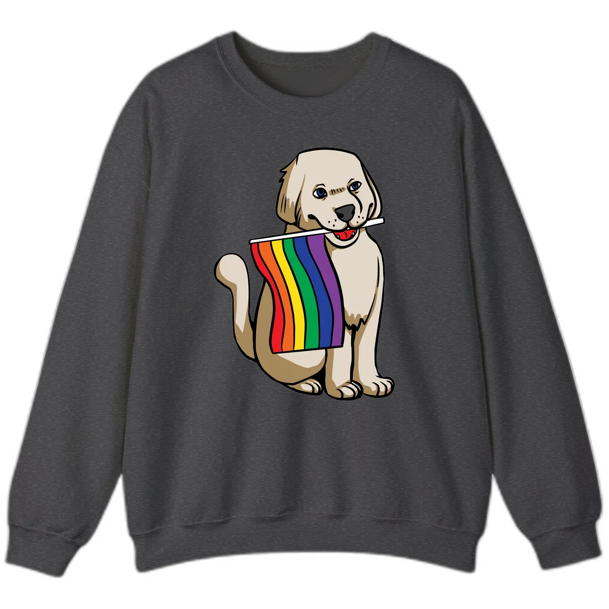 Illustration of a happy cream and tan dog holding a colorful rainbow pride flag in its mouth against a gray background in Dark Heather