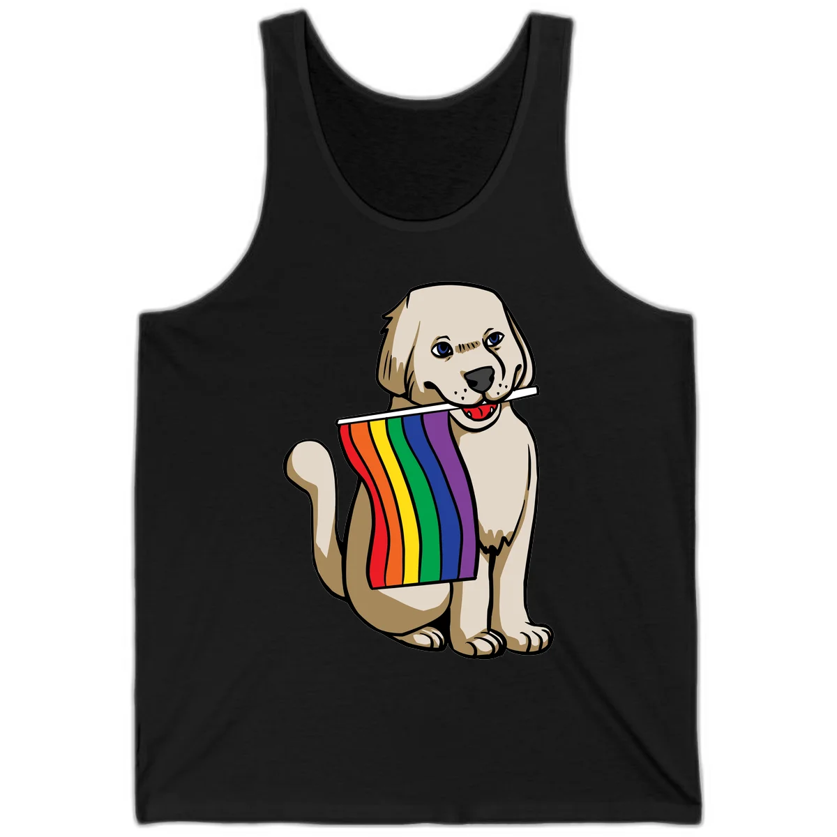 Illustration of a happy cream and tan dog holding a colorful rainbow pride flag in its mouth against a gray background in Black