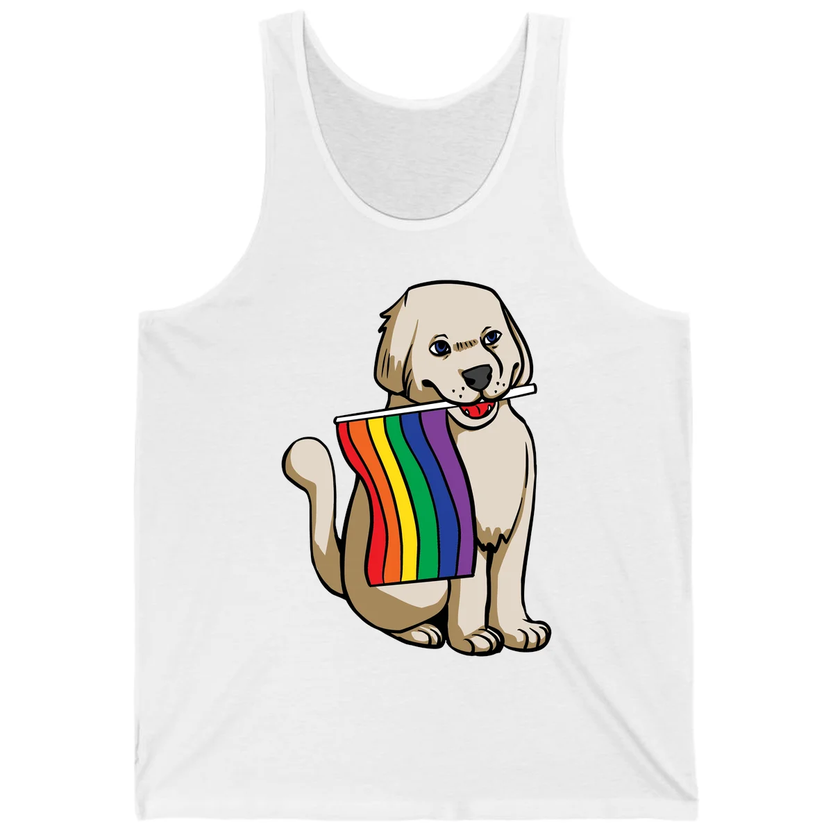 Illustration of a happy cream and tan dog holding a colorful rainbow pride flag in its mouth against a gray background in White