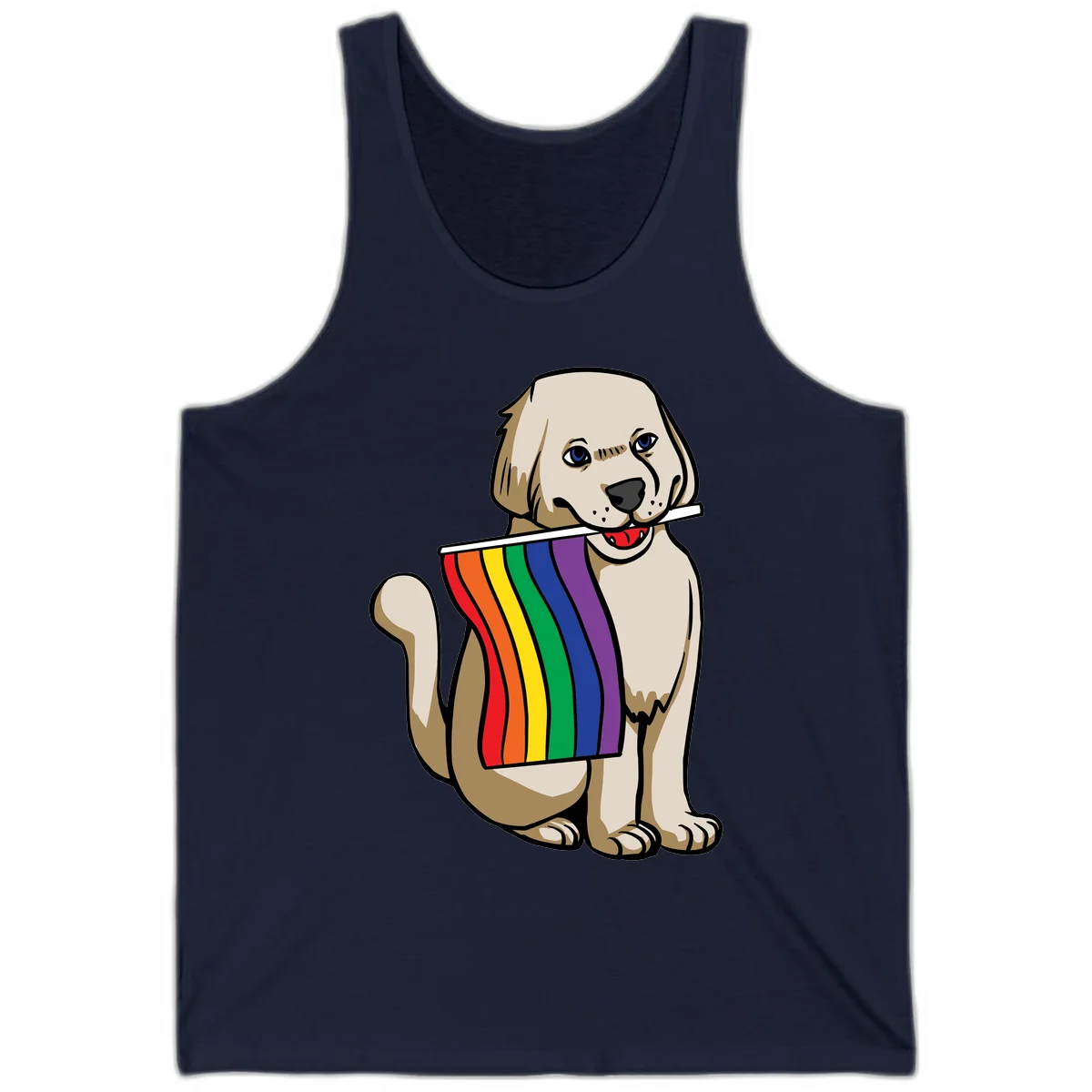 Illustration of a happy cream and tan dog holding a colorful rainbow pride flag in its mouth against a gray background in Navy