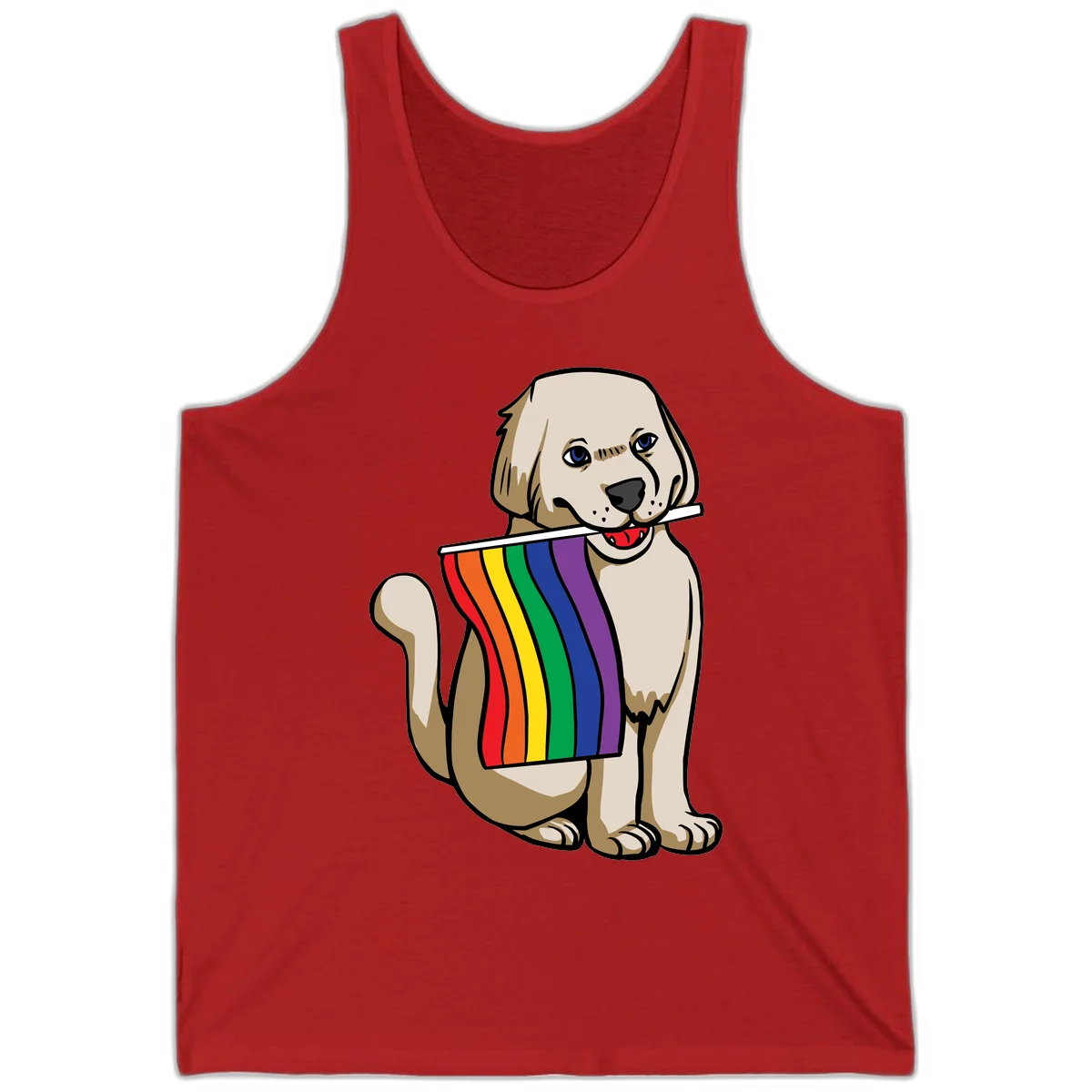 Illustration of a happy cream and tan dog holding a colorful rainbow pride flag in its mouth against a gray background in Red