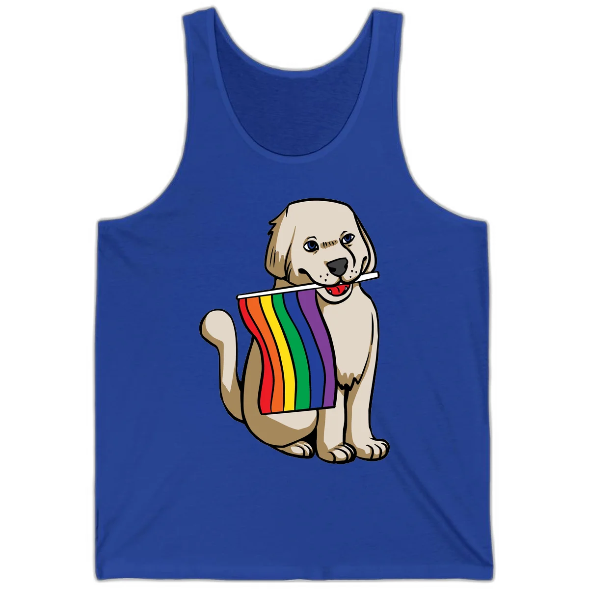 Illustration of a happy cream and tan dog holding a colorful rainbow pride flag in its mouth against a gray background in True Royal