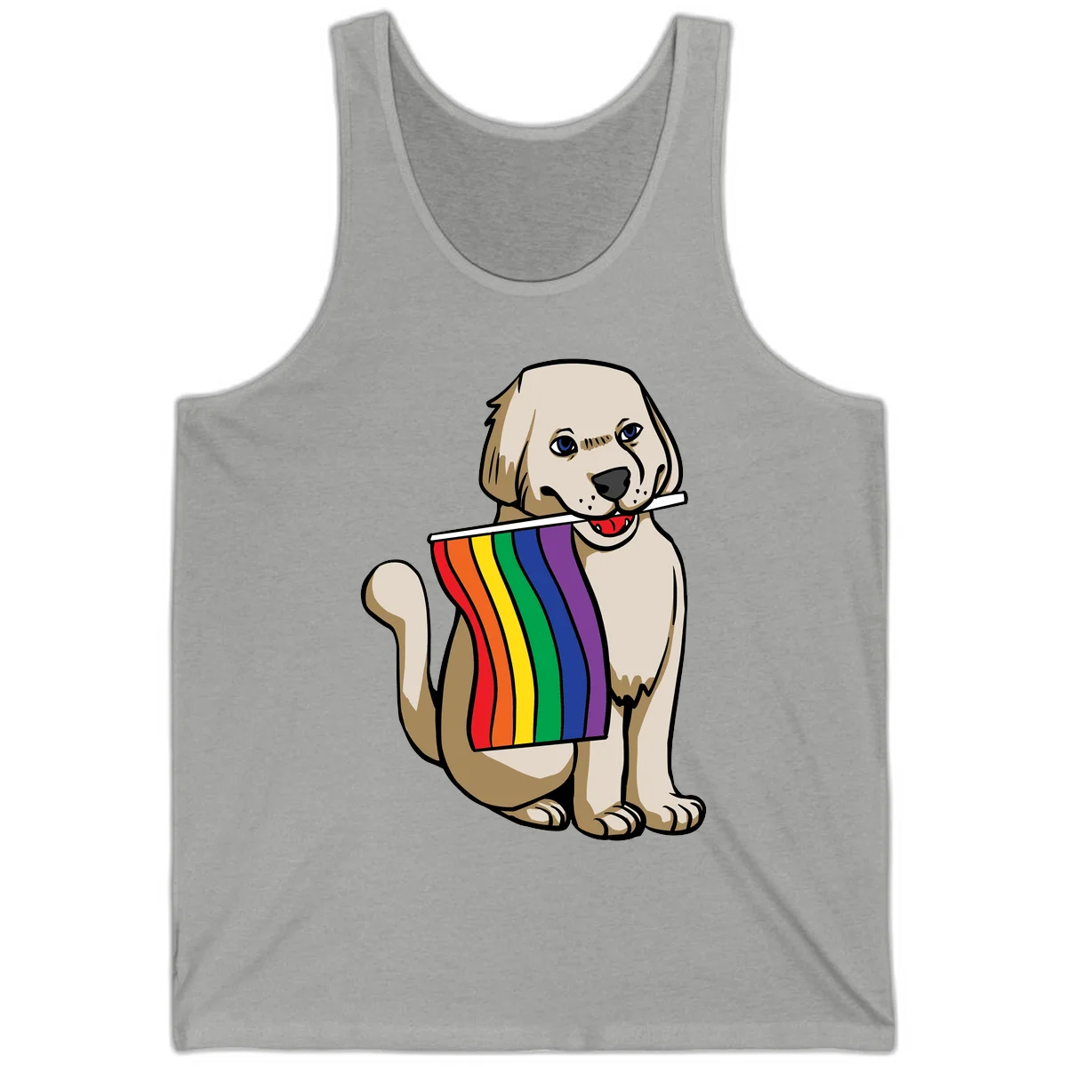 Illustration of a happy cream and tan dog holding a colorful rainbow pride flag in its mouth against a gray background in Athletic Heather