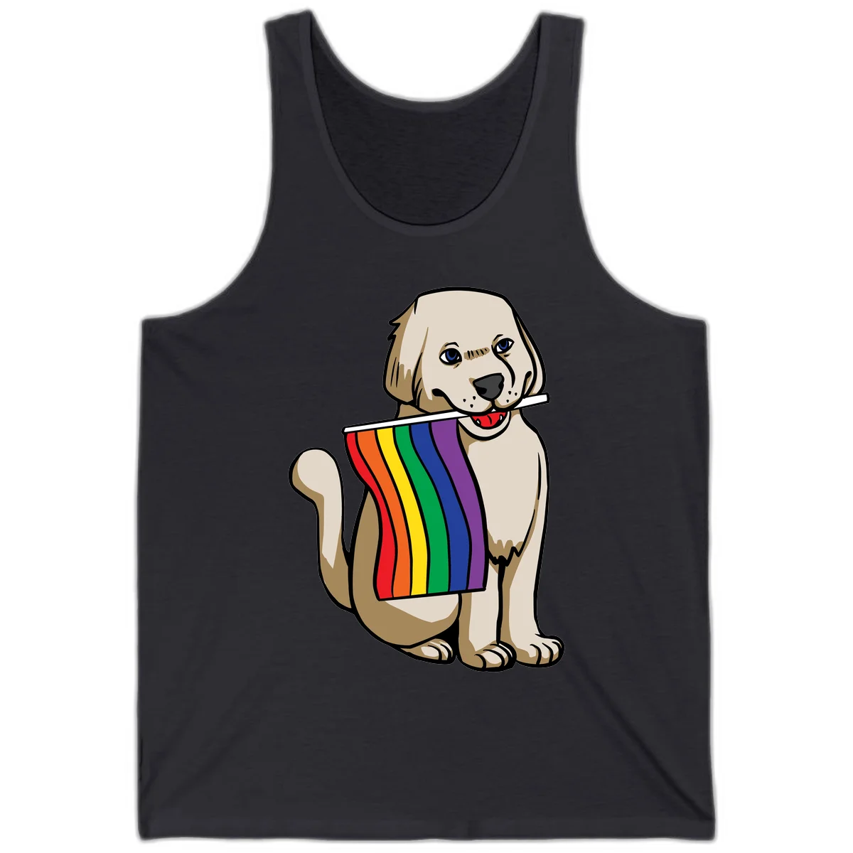 Illustration of a happy cream and tan dog holding a colorful rainbow pride flag in its mouth against a gray background in Dark Grey