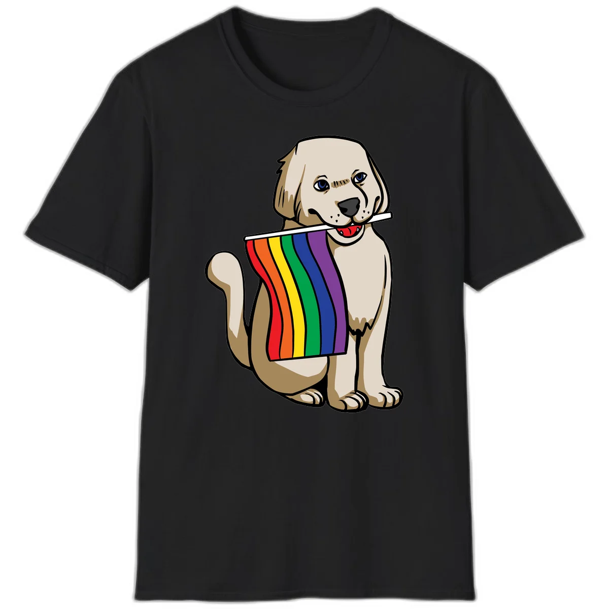 Illustration of a happy cream and tan dog holding a colorful rainbow pride flag in its mouth against a gray background in Black