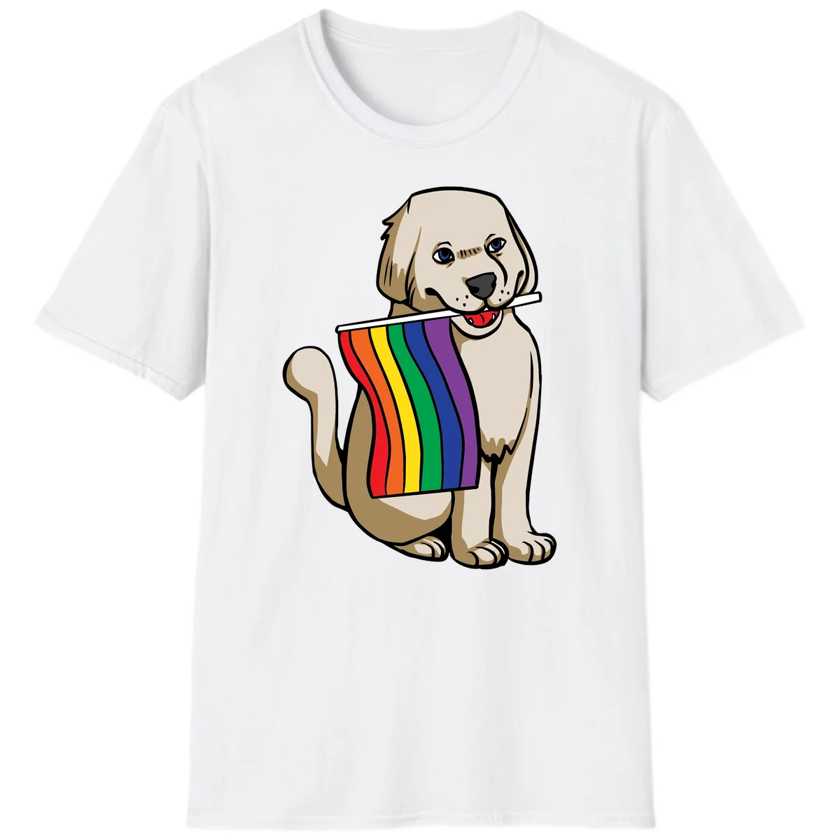 Illustration of a happy cream and tan dog holding a colorful rainbow pride flag in its mouth against a gray background in White