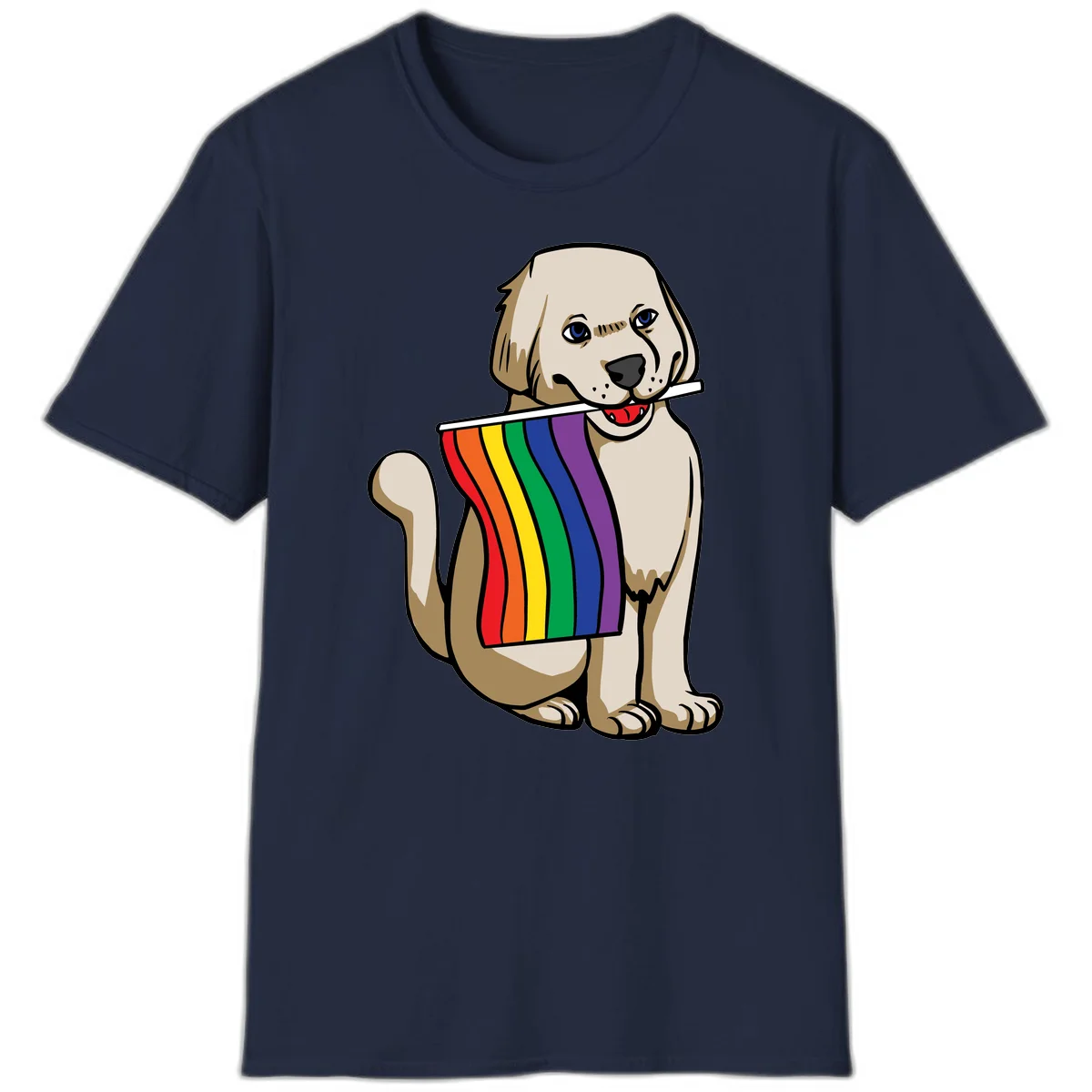 Illustration of a happy cream and tan dog holding a colorful rainbow pride flag in its mouth against a gray background in Navy