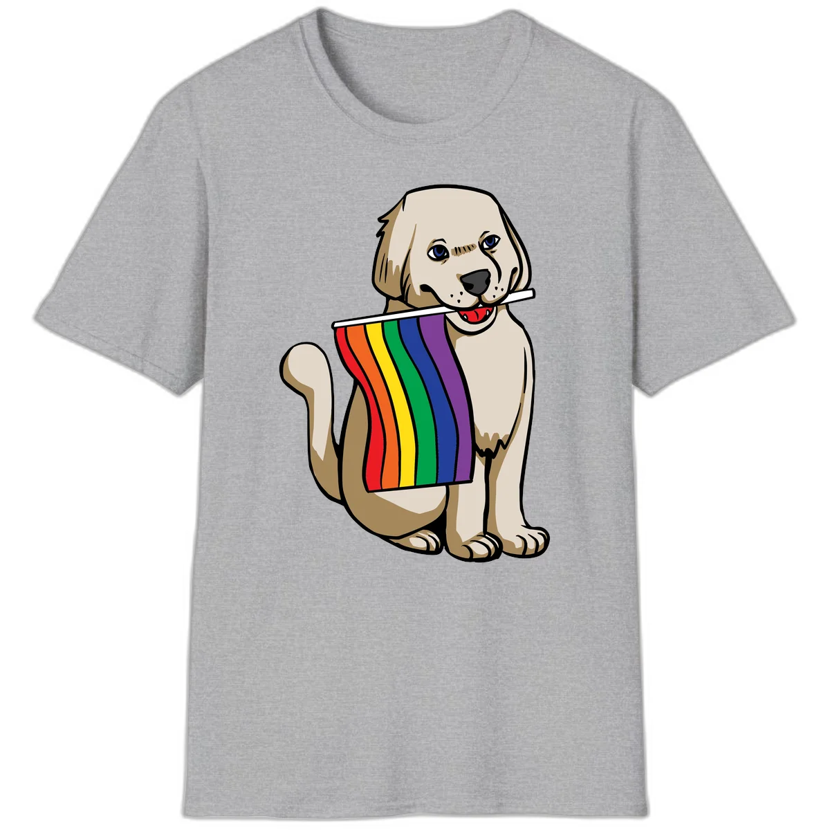 Illustration of a happy cream and tan dog holding a colorful rainbow pride flag in its mouth against a gray background in Sport Grey