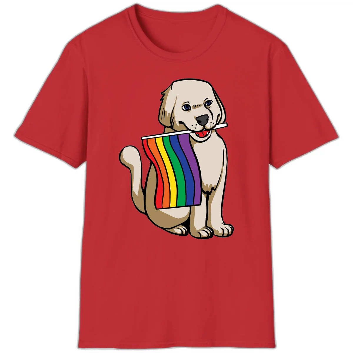 Illustration of a happy cream and tan dog holding a colorful rainbow pride flag in its mouth against a gray background in Red