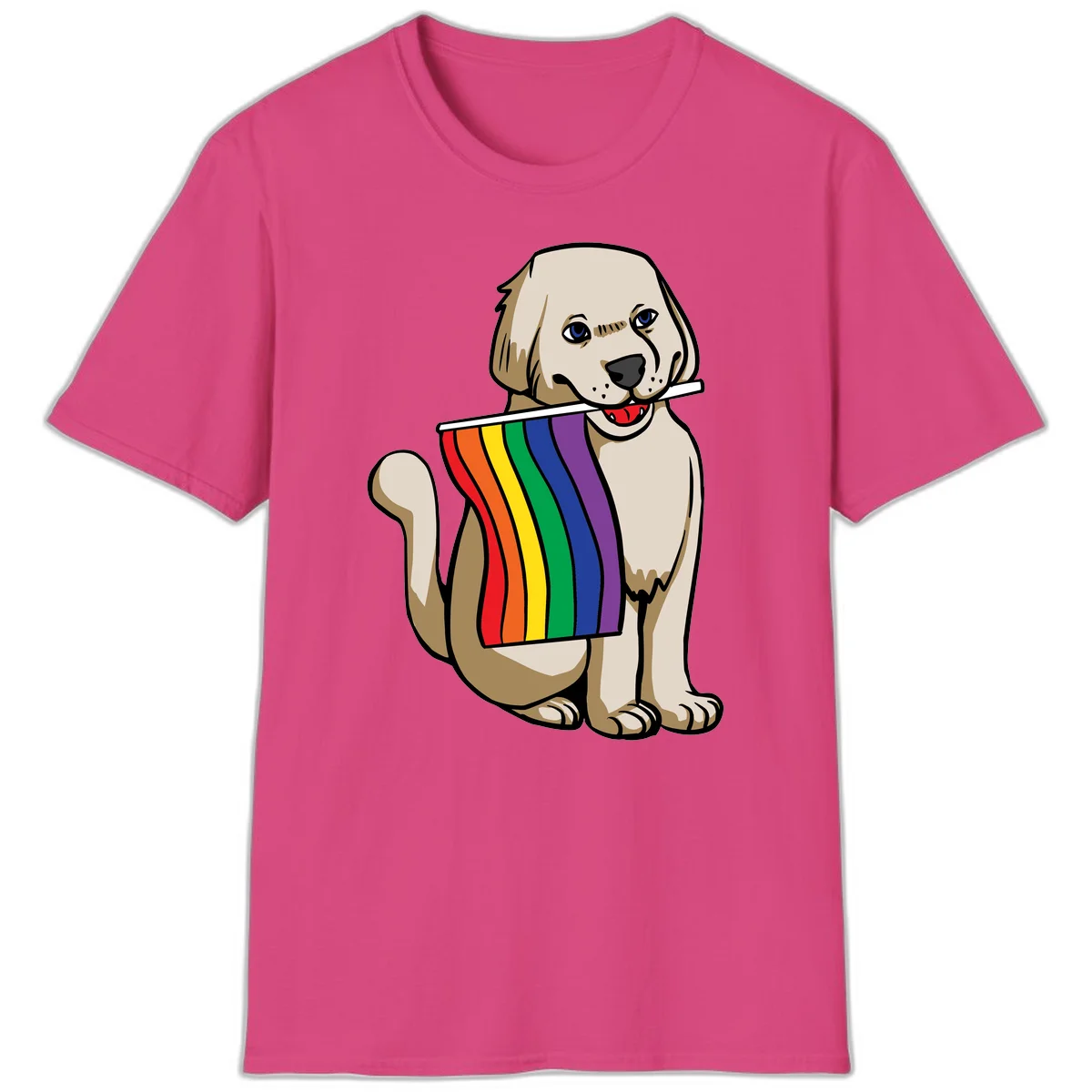 Illustration of a happy cream and tan dog holding a colorful rainbow pride flag in its mouth against a gray background in Heliconia