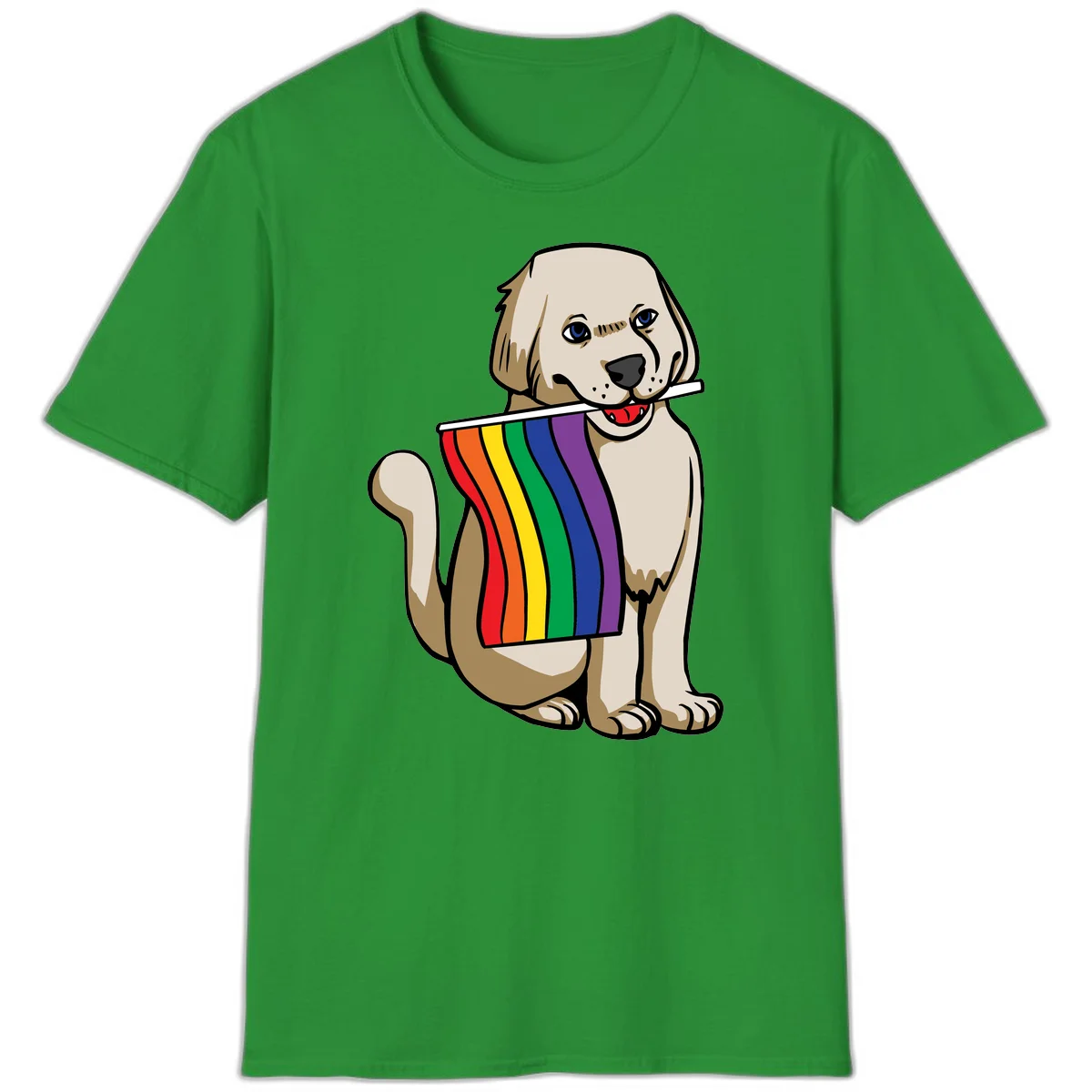 Illustration of a happy cream and tan dog holding a colorful rainbow pride flag in its mouth against a gray background in Irish Green