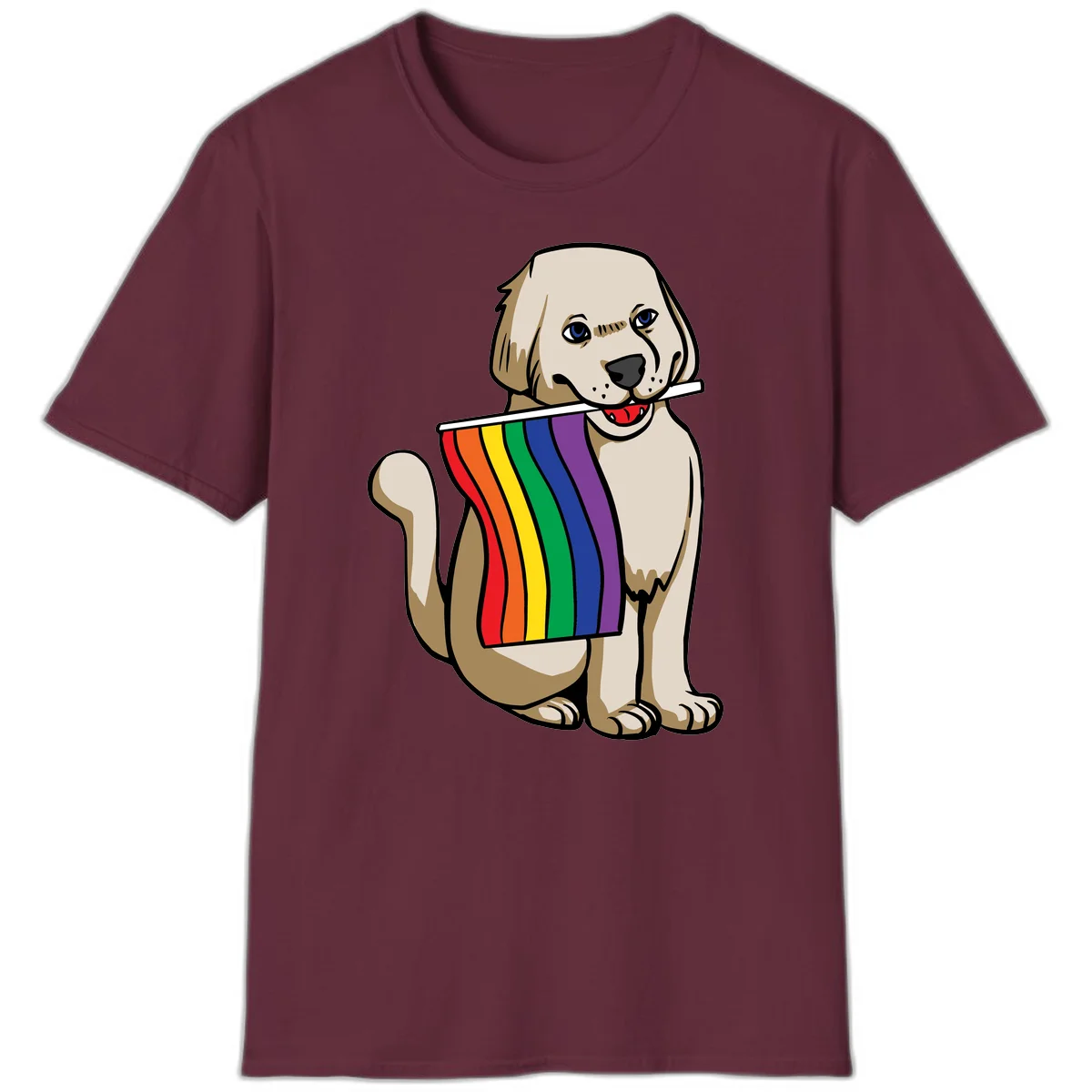 Illustration of a happy cream and tan dog holding a colorful rainbow pride flag in its mouth against a gray background in Maroon