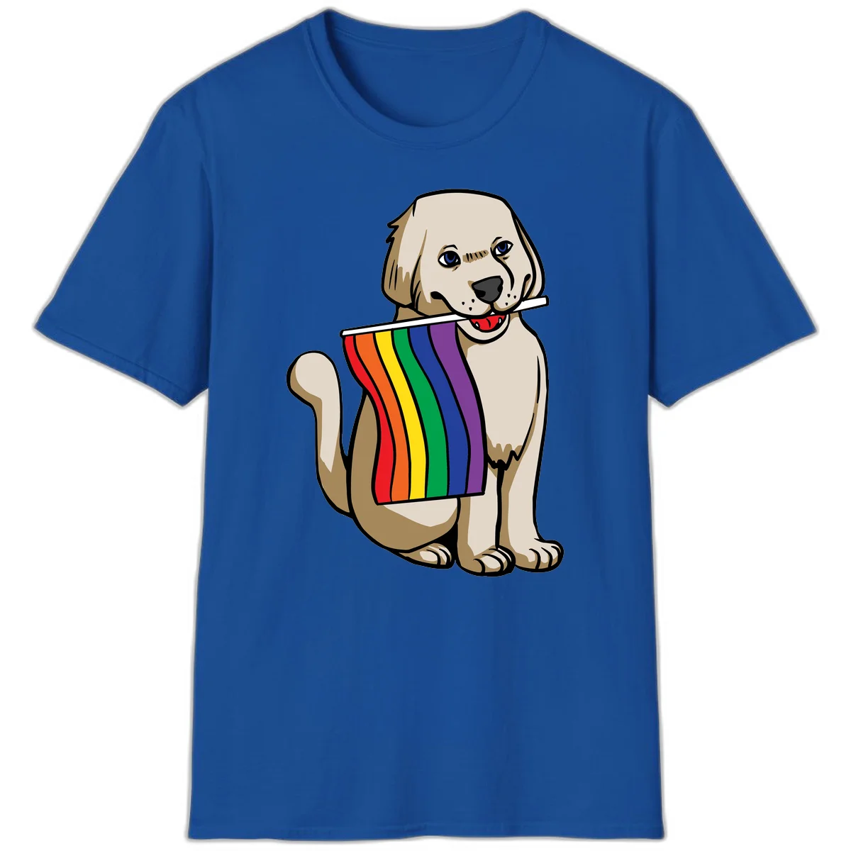 Illustration of a happy cream and tan dog holding a colorful rainbow pride flag in its mouth against a gray background in Royal