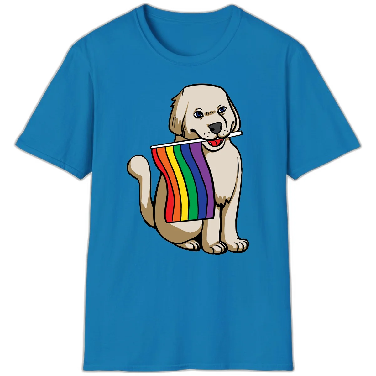 Illustration of a happy cream and tan dog holding a colorful rainbow pride flag in its mouth against a gray background in Sapphire