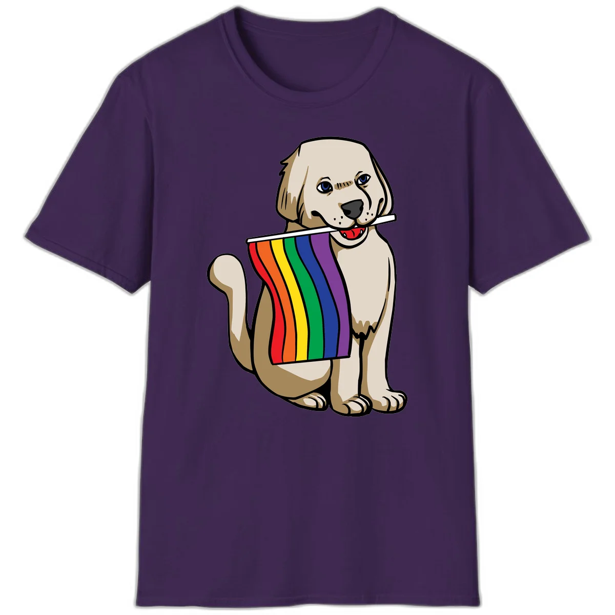 Illustration of a happy cream and tan dog holding a colorful rainbow pride flag in its mouth against a gray background in Purple