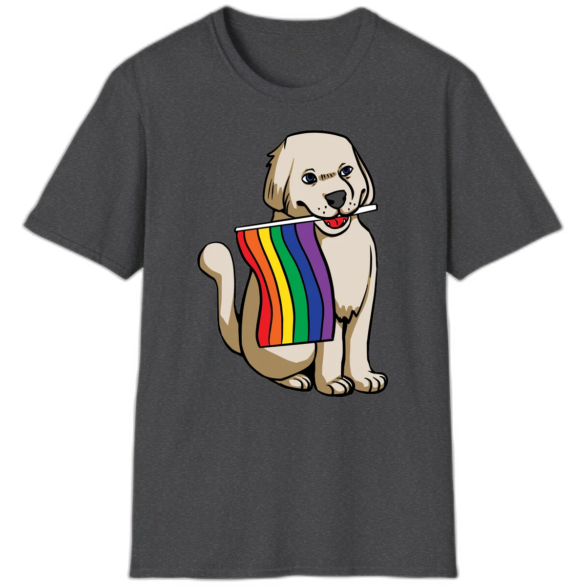 Illustration of a happy cream and tan dog holding a colorful rainbow pride flag in its mouth against a gray background in Dark Heather