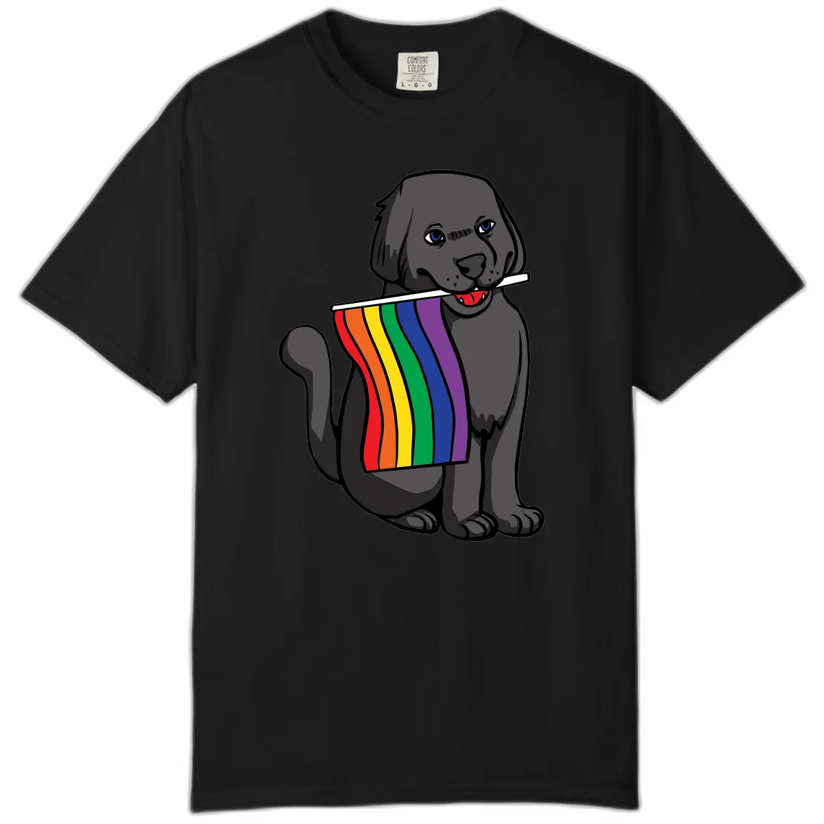 Illustration of a happy gray dog with blue eyes holding a rainbow pride flag in its mouth against a gray background in Black