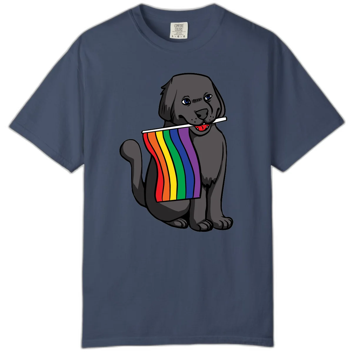 Illustration of a happy gray dog with blue eyes holding a rainbow pride flag in its mouth against a gray background in Midnight
