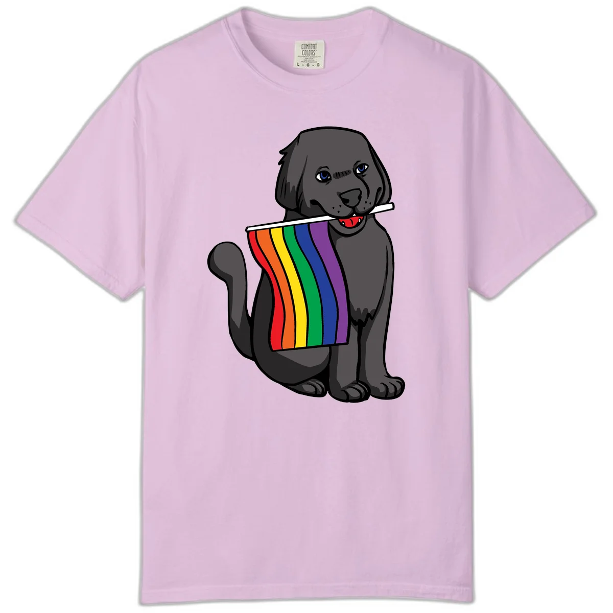 Illustration of a happy gray dog with blue eyes holding a rainbow pride flag in its mouth against a gray background in Orchid