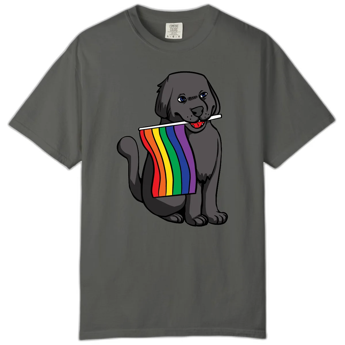 Illustration of a happy gray dog with blue eyes holding a rainbow pride flag in its mouth against a gray background in Pepper