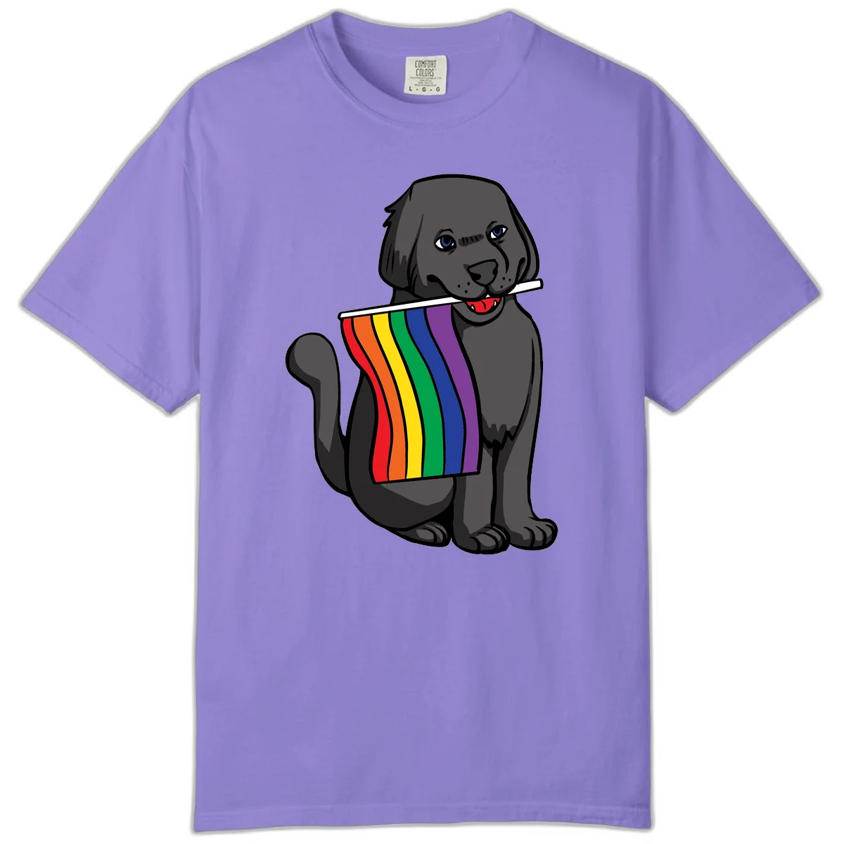 Illustration of a happy gray dog with blue eyes holding a rainbow pride flag in its mouth against a gray background in Violet